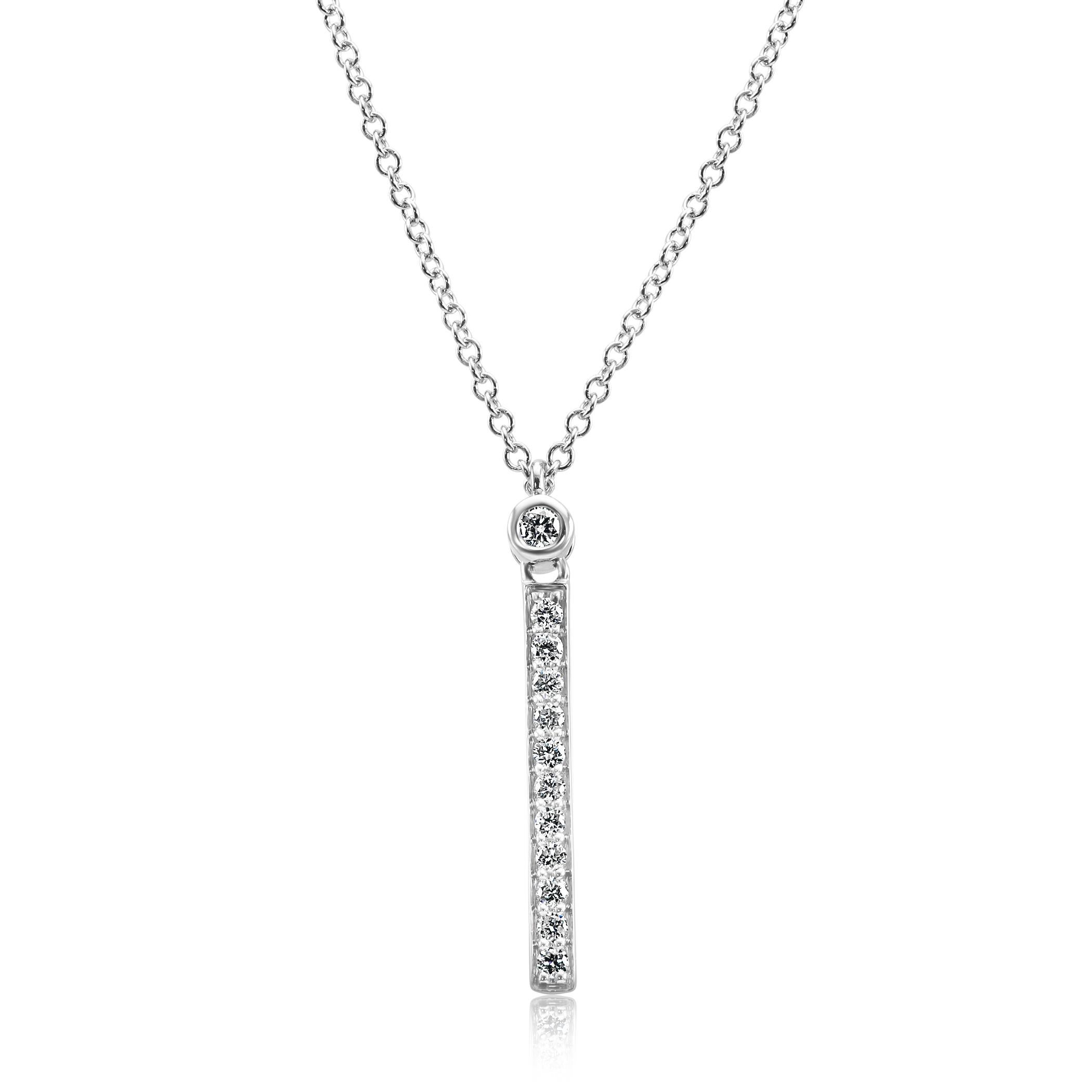 Round Cut White Diamond Rounds Bar Drop Fashion Pendant 14 Karat White Gold Chain Necklace