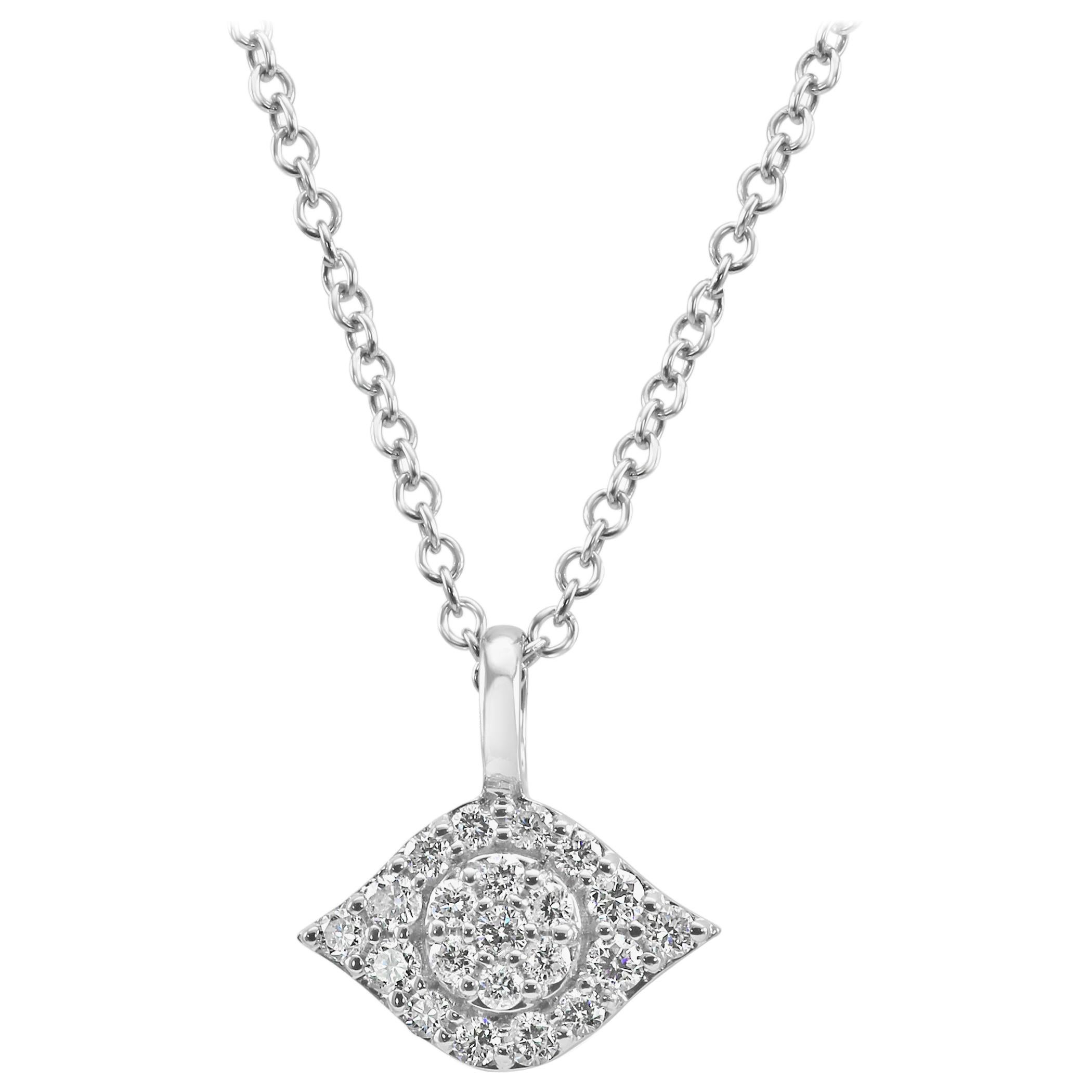 White Diamond Rounds Evil Eye Drop Pendant 14 Karat White Gold Chain Necklace