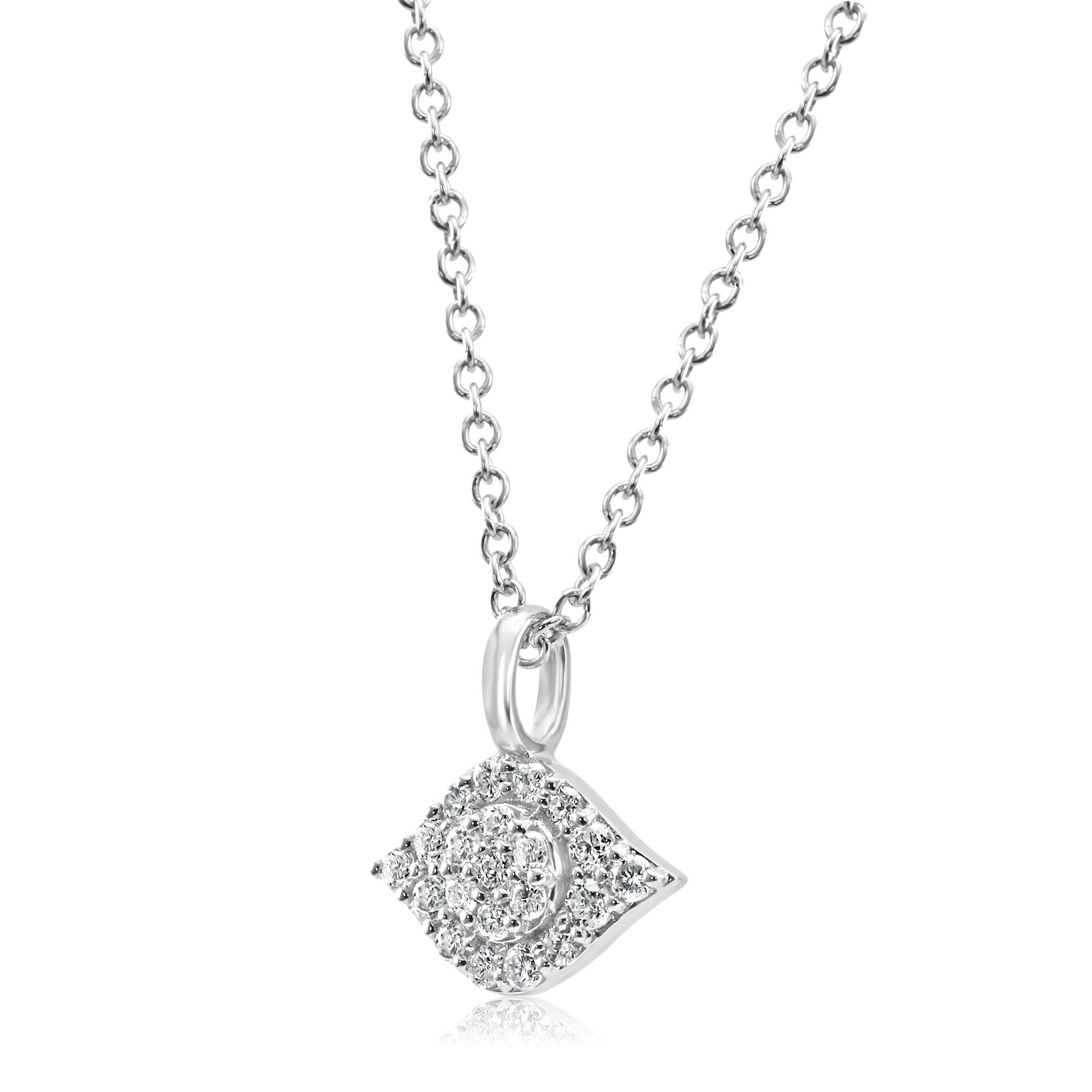 21 White Colorless SI Clarity Diamond Rounds 0.20 Carat Set in Stylish everyday wear 14K White Gold Evil Eye Dangle Drop Pendant Chain Necklace. Can be worn as 18 inches or 16 inches. 

Total Diamond Weight 0.20 Carat

Style available in all gold