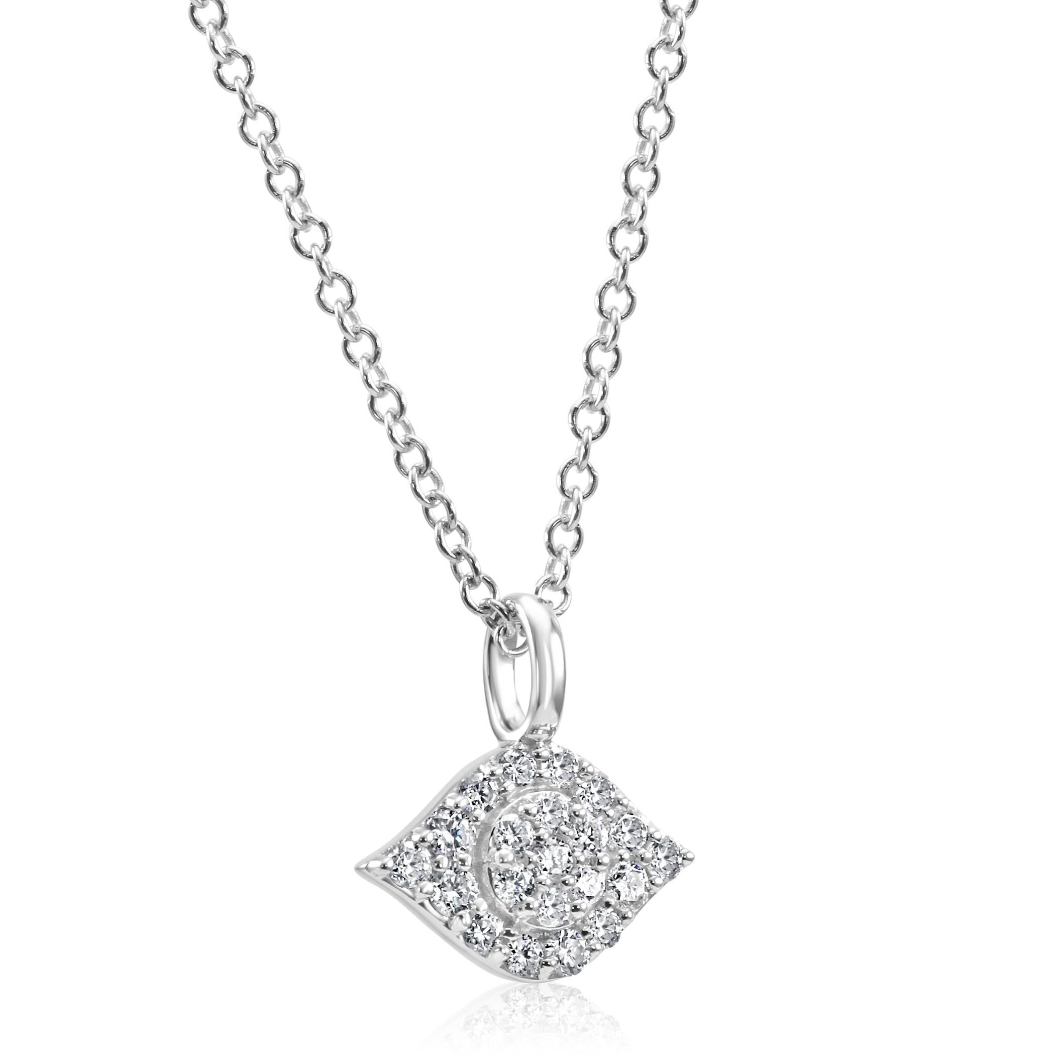 Contemporary White Diamond Rounds Evil Eye Drop Pendant 14 Karat White Gold Chain Necklace