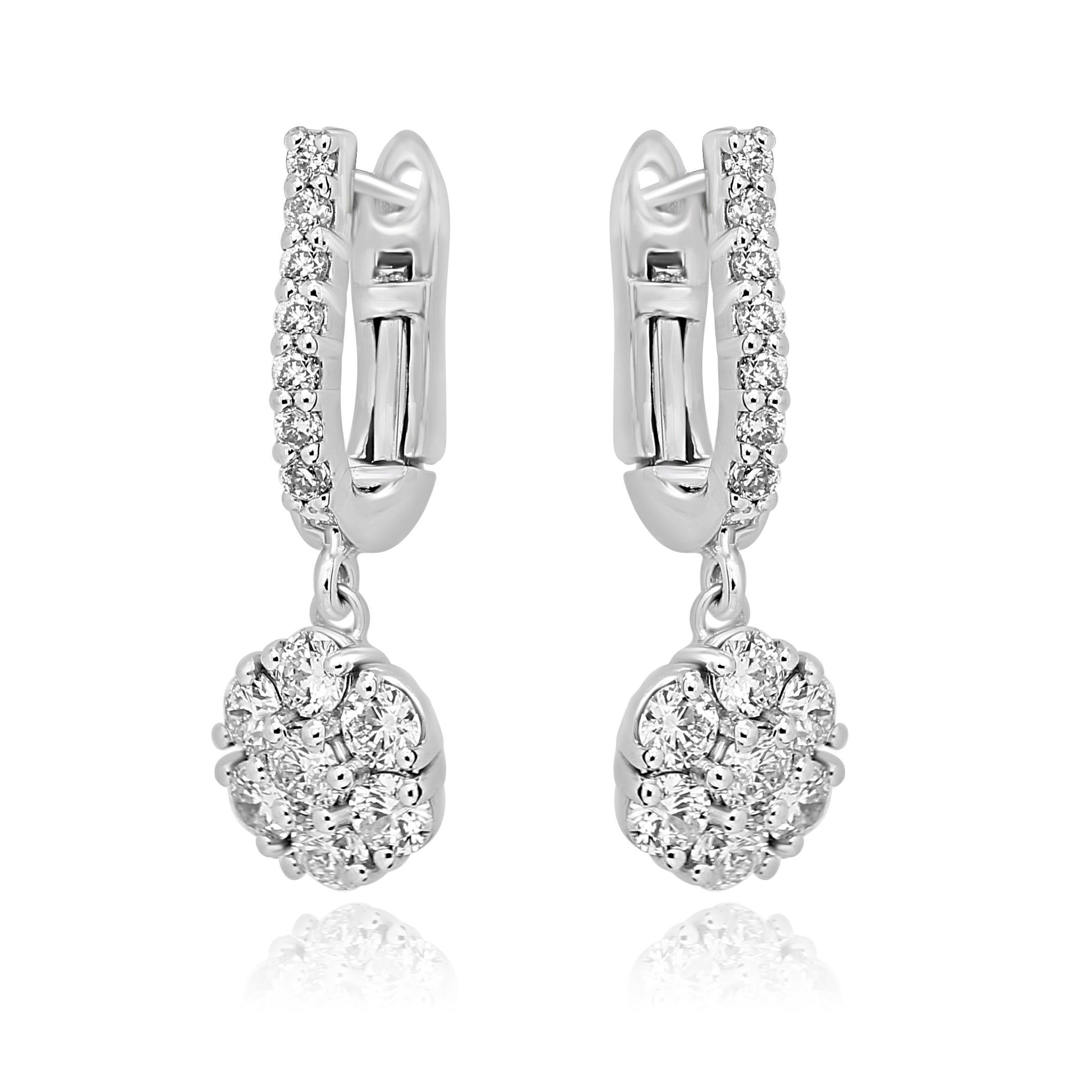 Stunning White Diamond Round 1.23 Carat set in Cluster style making it look like one big Diamond in 14K White Gold Dangle Clip on Earring.

Style available in different price ranges. Prices are based on your selection of 4C's Cut, Color, Carat,