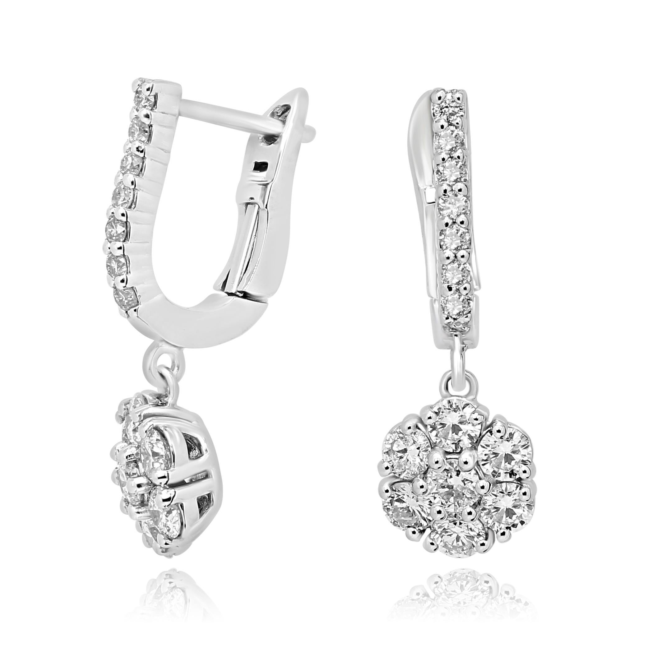 Modern White Diamond Rounds Gold Cluster Dangling Clip-On Earring