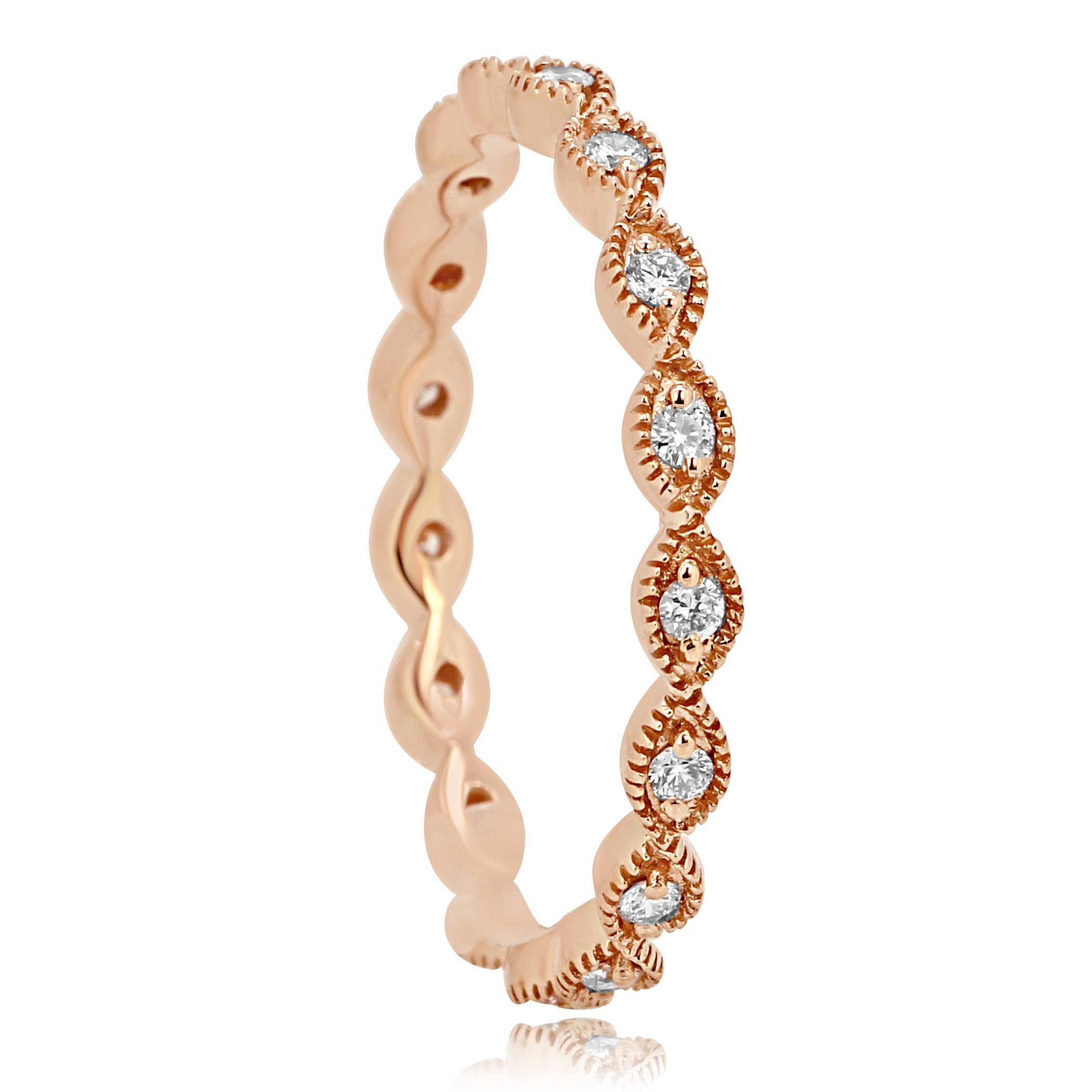 Chic Eternity Band with white diamond rounds 0.19 Carat set in 14K Rose Gold Ring with Milgrain work  also can be worn as a stackable band. 

Total Weight 0.19 Carat
Can be customized to any Finger size available in all the gold colors. 