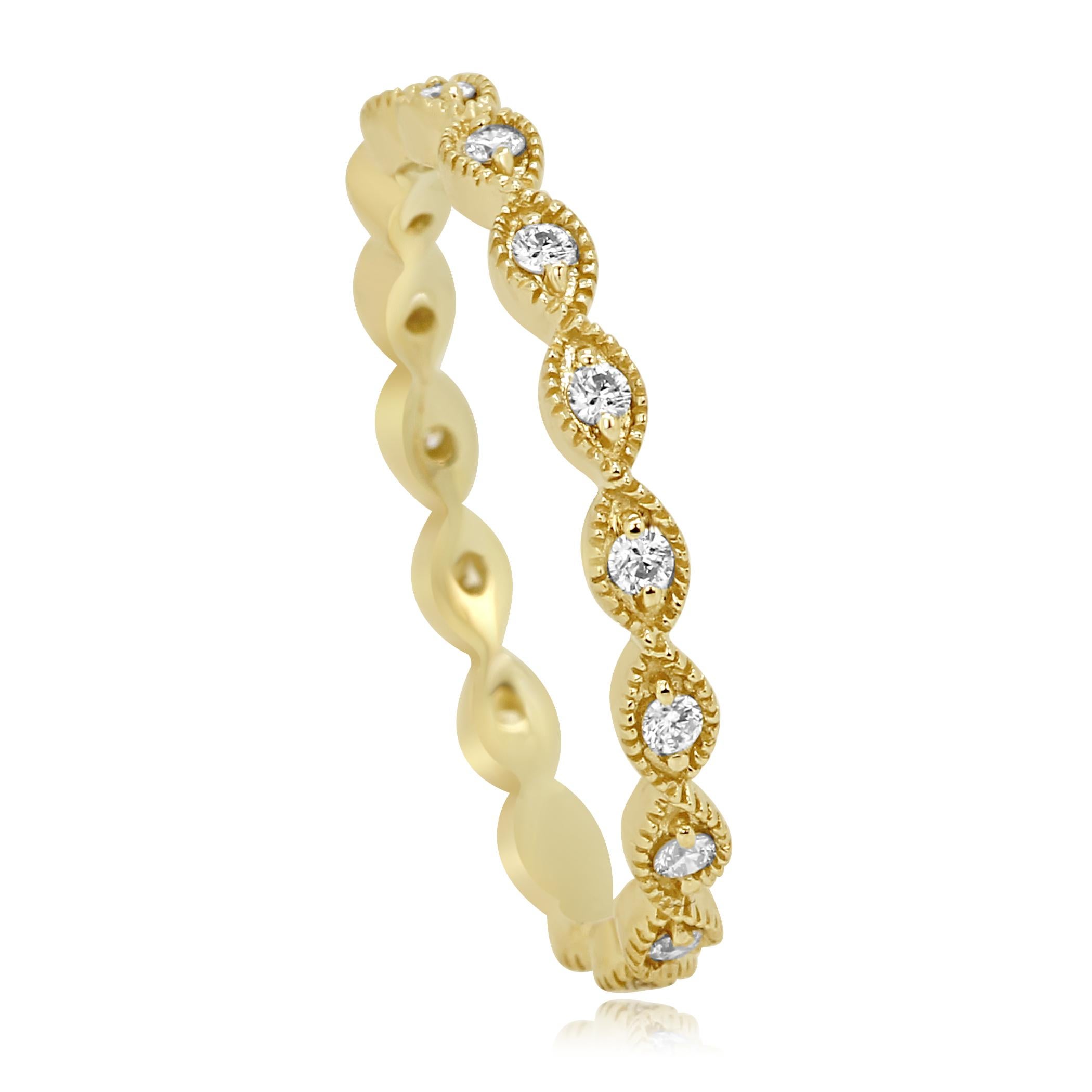 Chic Eternity Band with white diamond rounds 0.19 Carat set in 14K Yellow Gold Ring with Milgrain work  also can be worn as a stackable band. 

Can be customized to any Finger size available in all the gold colors. 
Total Weight 0.19 Carat