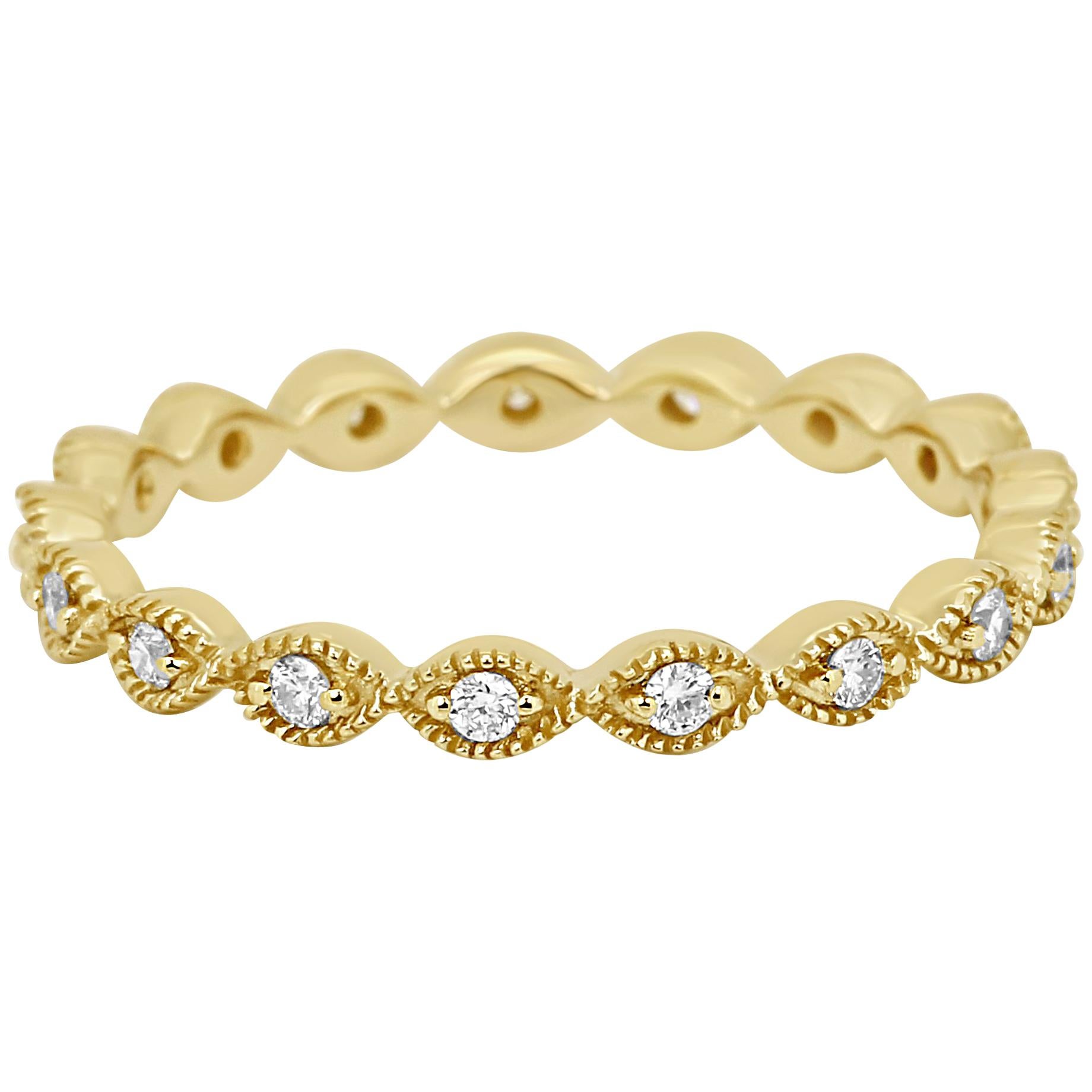 White Diamond Rounds Milgrain Gold Eternity Band Fashion Stackable Cocktail Ring