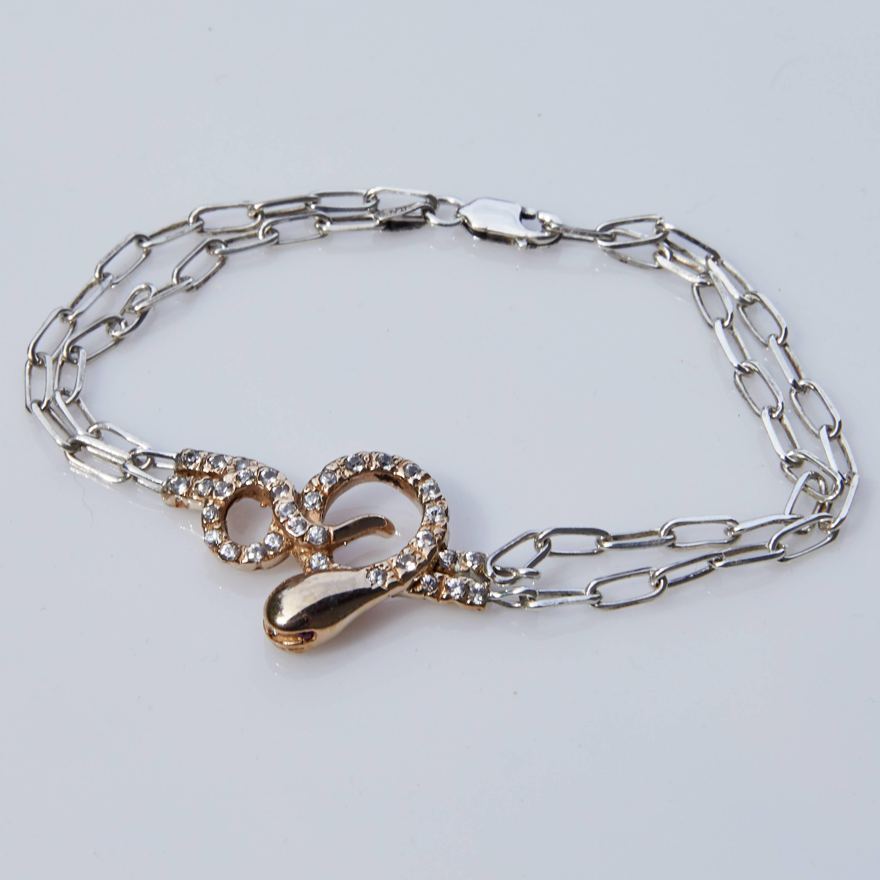 Bracelet à maillons serpent, diamant blanc, rubis, chaîne en argent, pendentif en bronze J Dauphin 