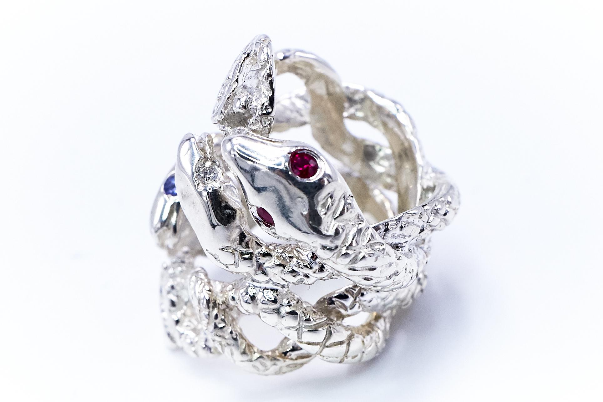 White Diamond Ruby Tanzanite Snake Silver Ring Cocktail Statement J Dauphin For Sale 2