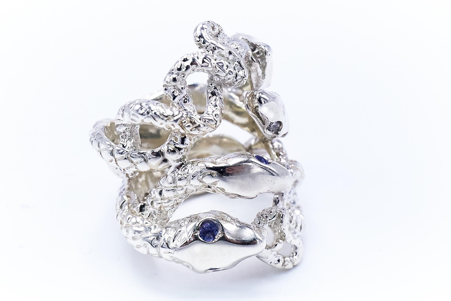 Round Cut White Diamond Ruby Tanzanite Snake Silver Ring Cocktail Statement J Dauphin For Sale