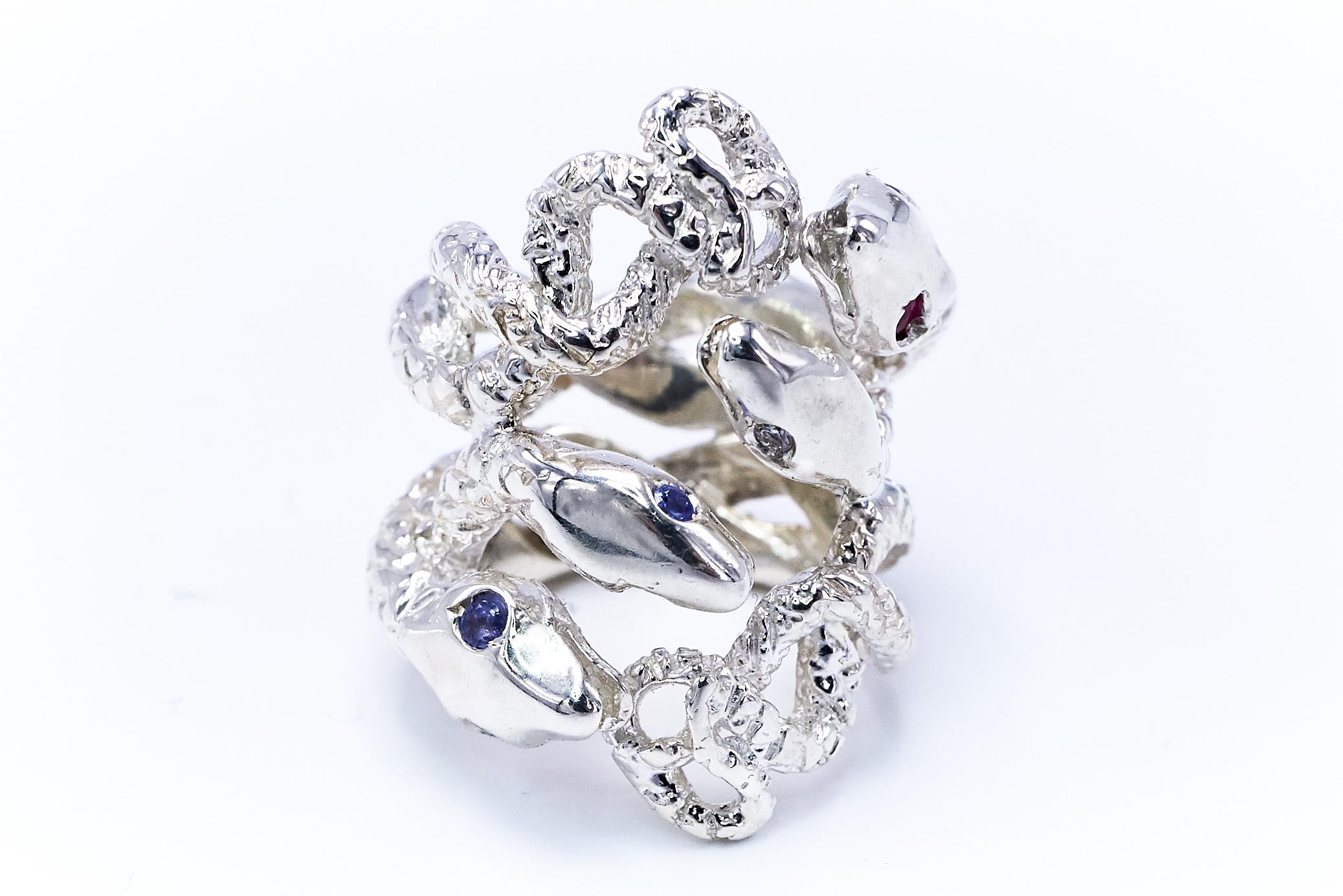 Women's White Diamond Ruby Tanzanite Snake Silver Ring Cocktail Statement J Dauphin For Sale