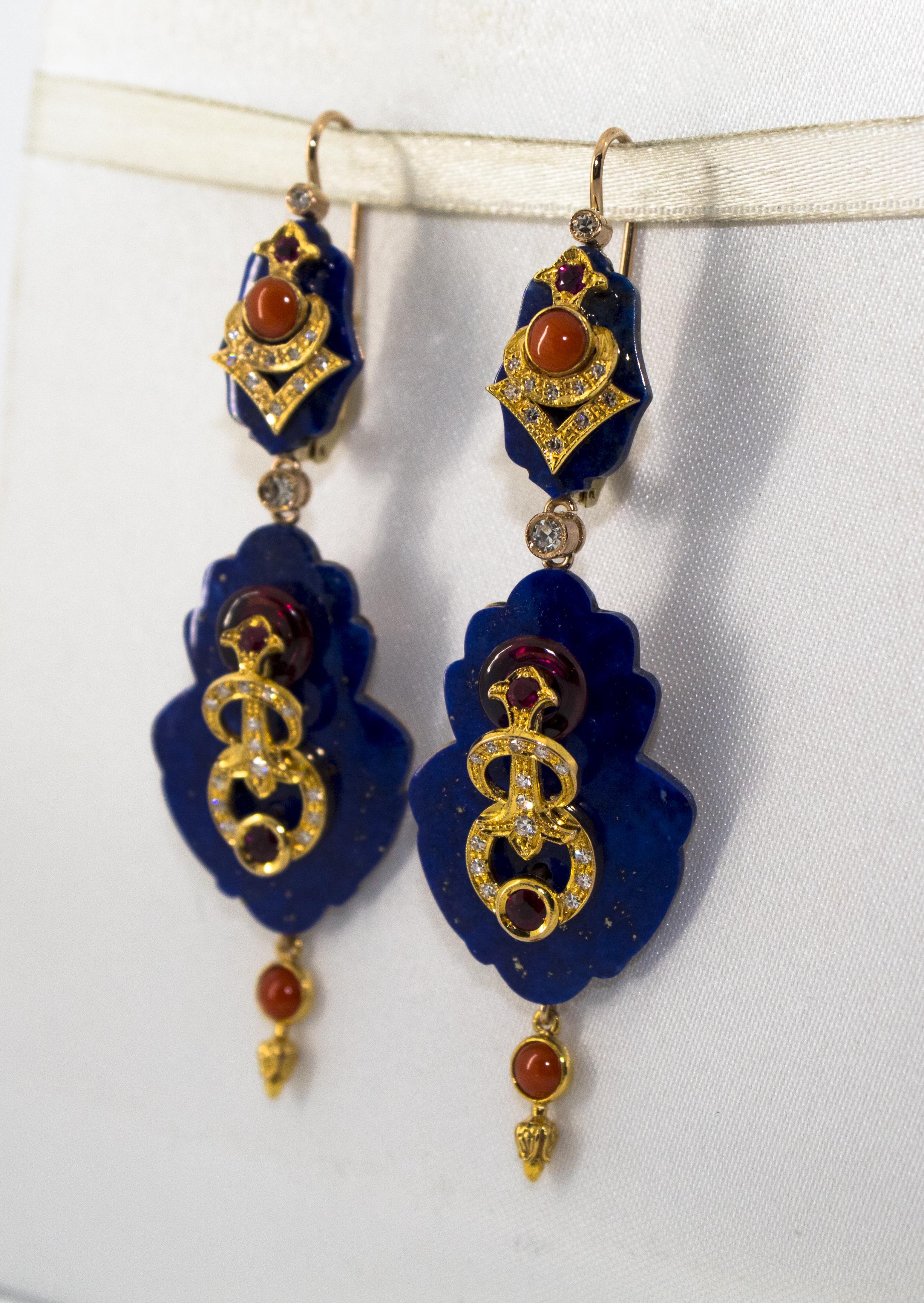 White Diamond Ruby Amethyst Coral Lapis Yellow Gold Lever-Back Earrings For Sale 7