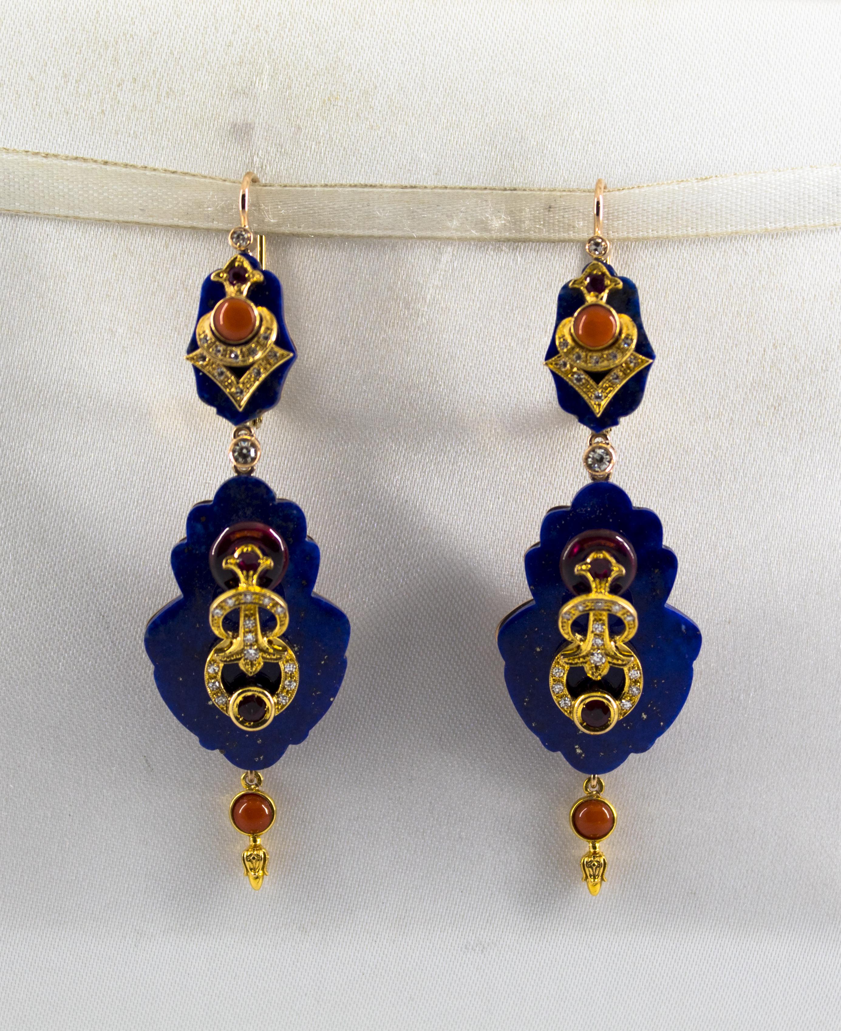These Earrings are made of 14K Yellow Gold.
These Earrings have 0.60 Carats of White Diamonds.
These Earrings have 0.50 Carats of Rubies.
These Earrings have also Lapis Lazuli, Coral and Amethyst.
All our Earrings have pins for pierced ears but we