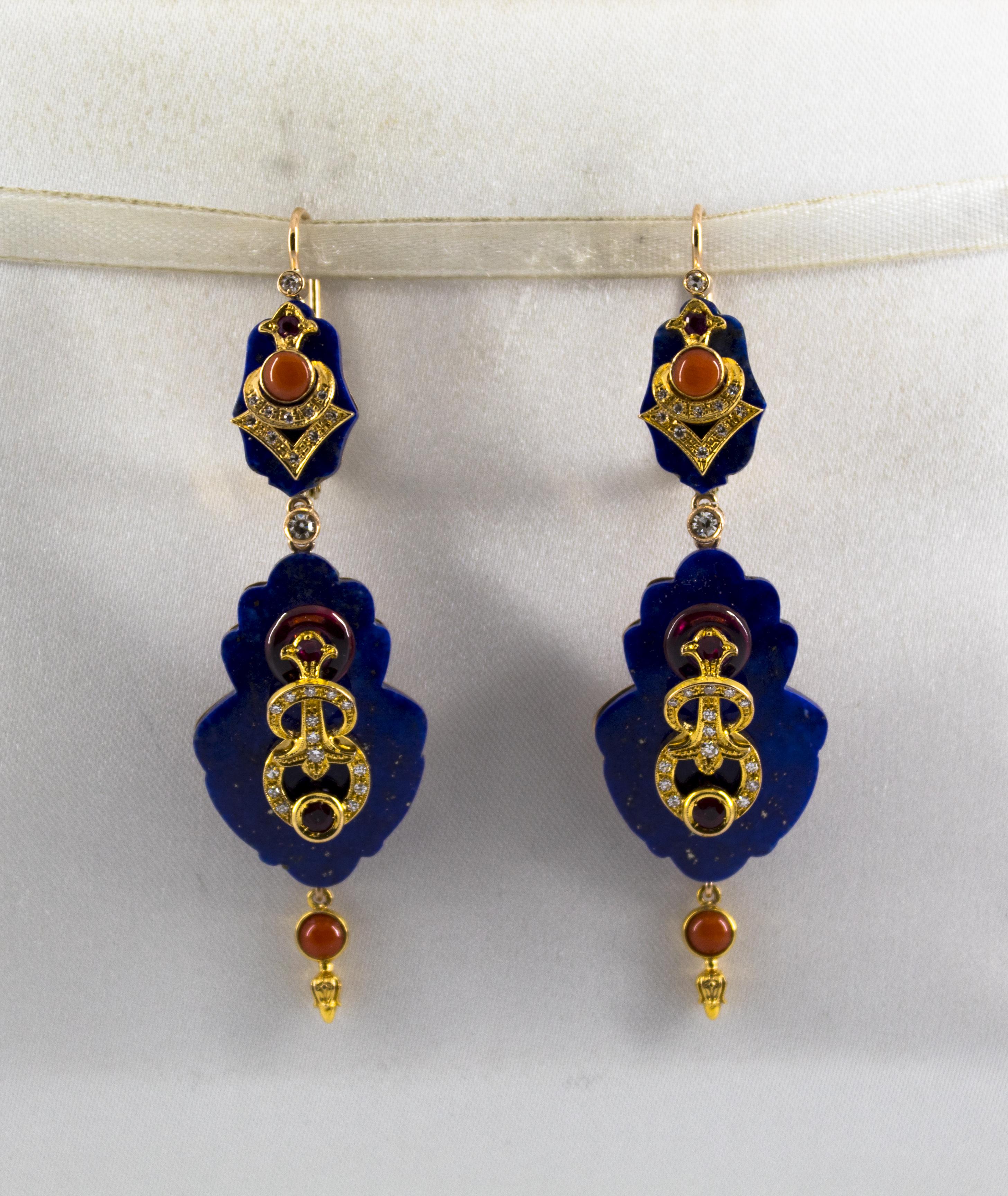 Renaissance White Diamond Ruby Amethyst Coral Lapis Yellow Gold Lever-Back Earrings For Sale