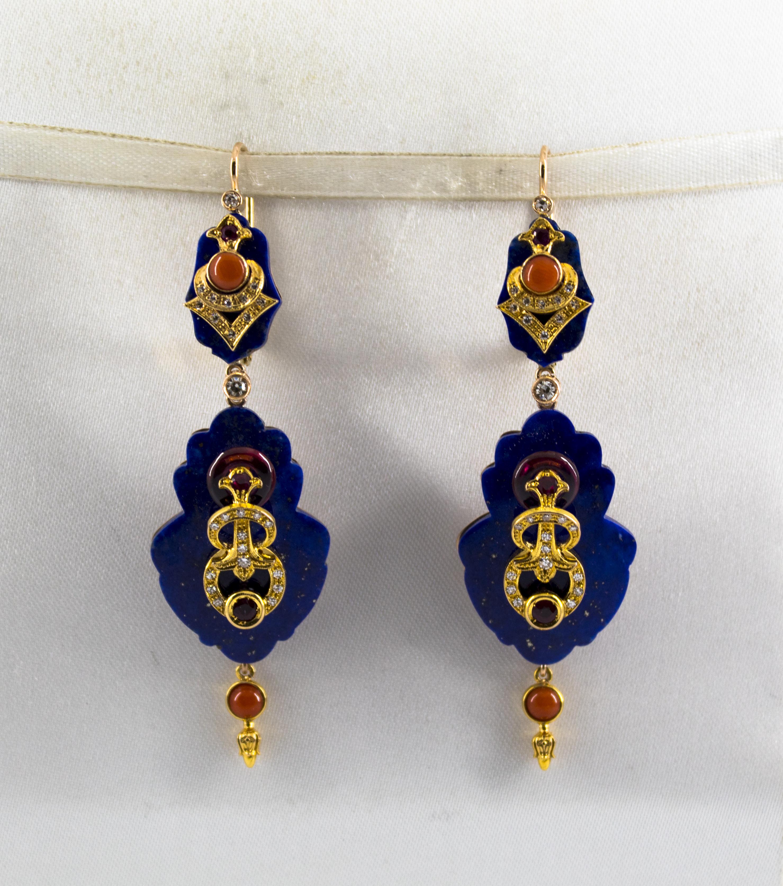 White Diamond Ruby Amethyst Coral Lapis Yellow Gold Lever-Back Earrings In New Condition For Sale In Naples, IT