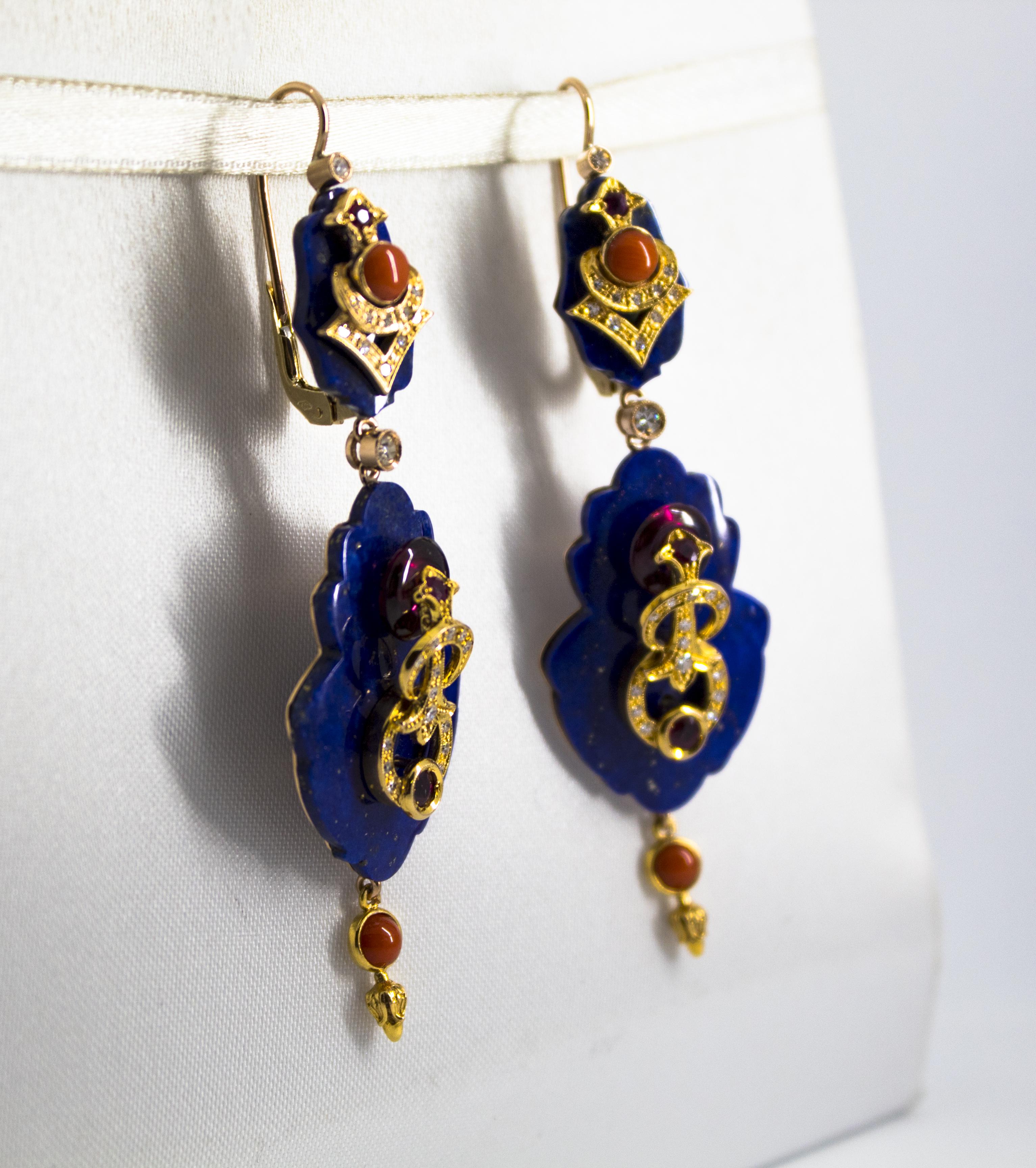 Women's or Men's White Diamond Ruby Amethyst Coral Lapis Yellow Gold Lever-Back Earrings For Sale