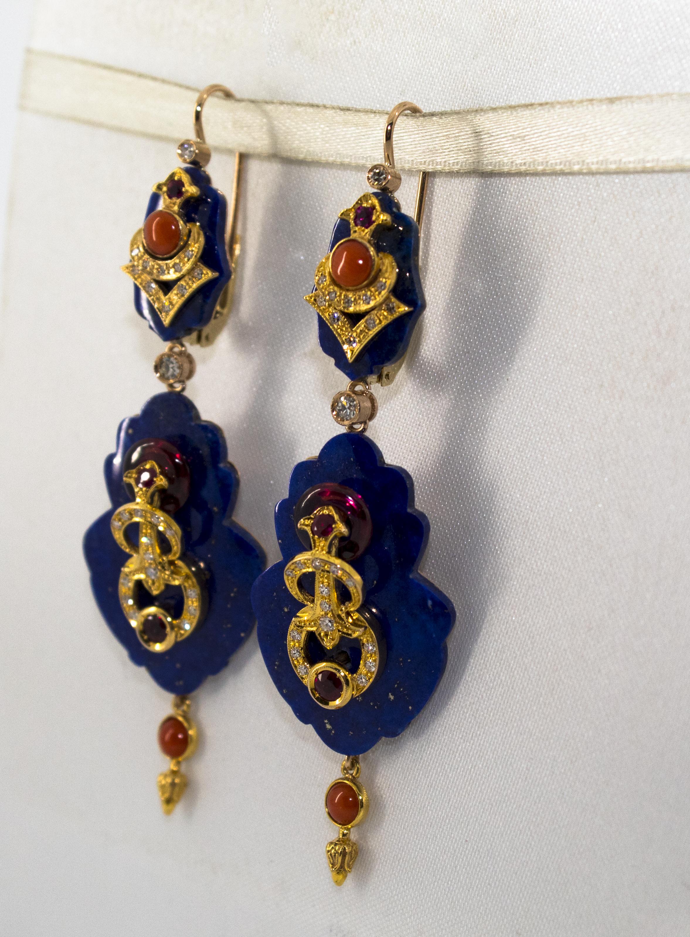White Diamond Ruby Amethyst Coral Lapis Yellow Gold Lever-Back Earrings For Sale 2