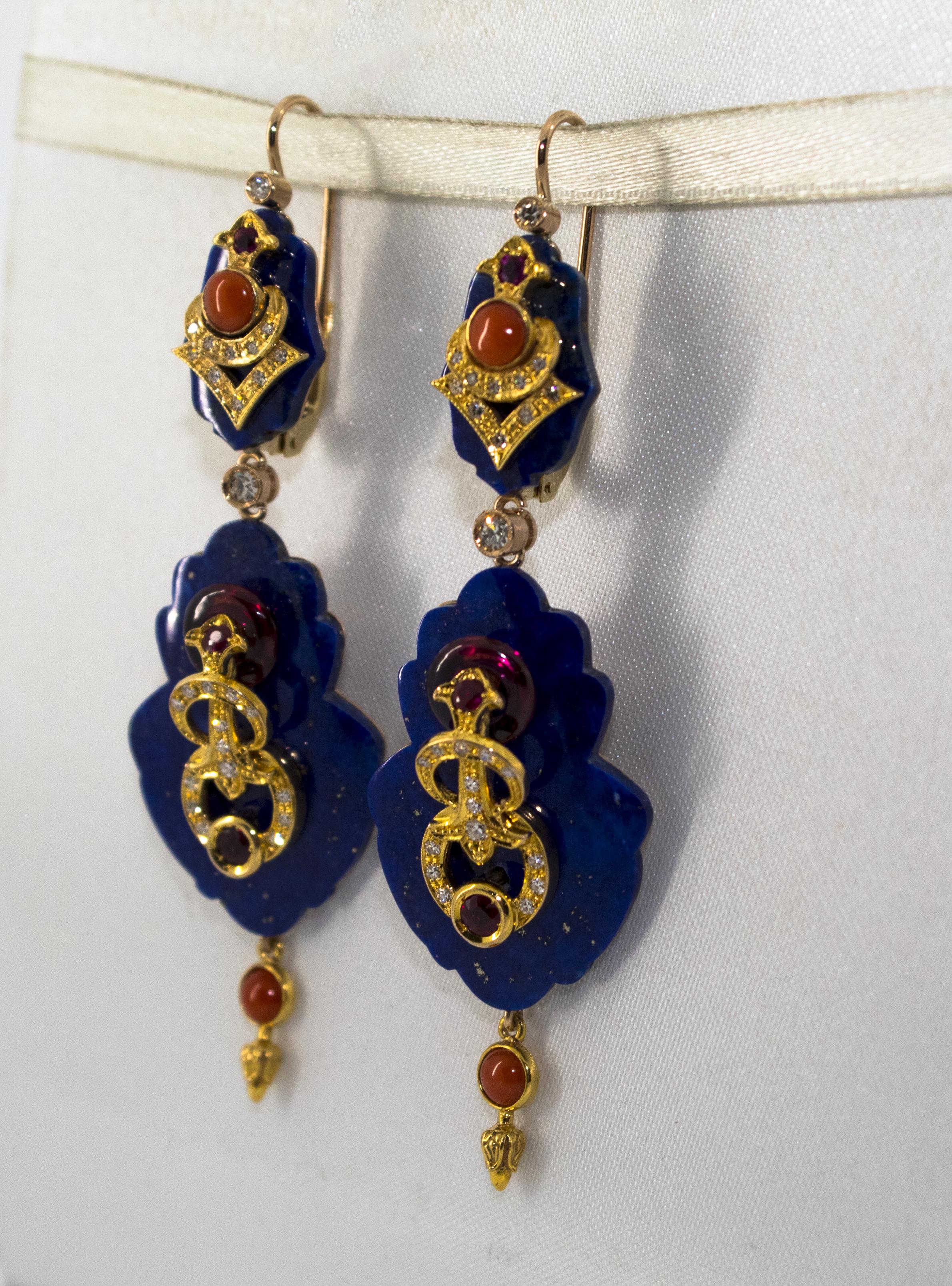 White Diamond Ruby Amethyst Coral Lapis Yellow Gold Lever-Back Earrings For Sale 3