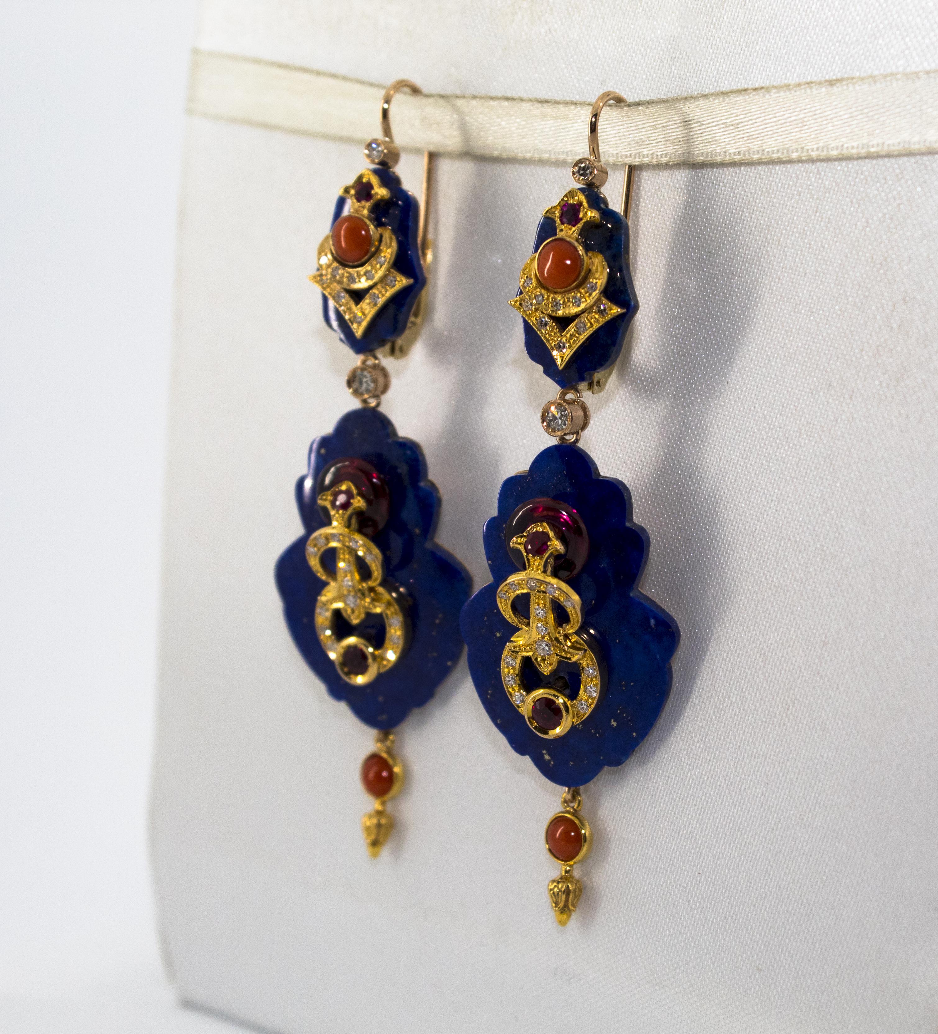 White Diamond Ruby Amethyst Coral Lapis Yellow Gold Lever-Back Earrings For Sale 4