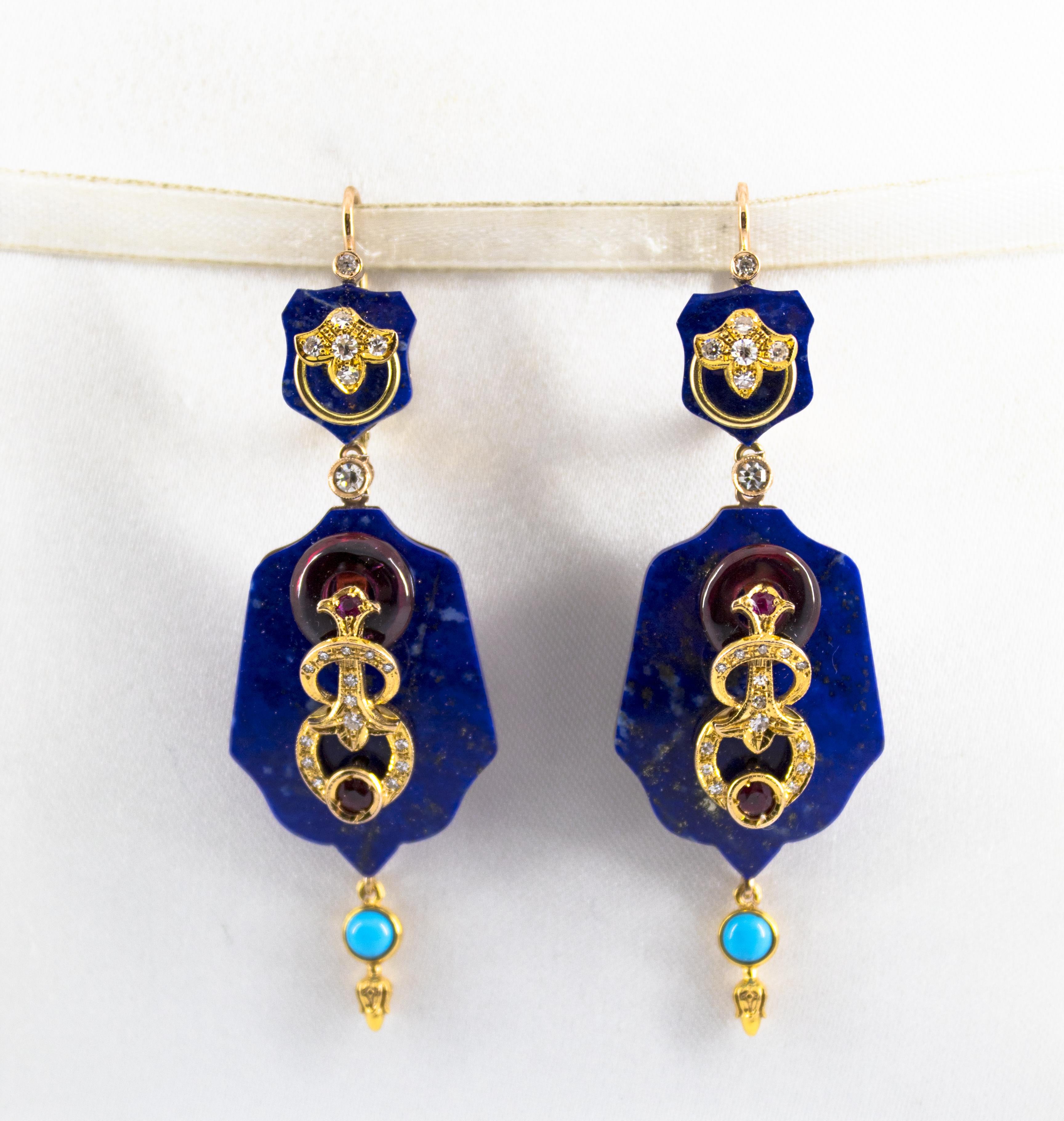 These Earrings are made of 14K Yellow Gold.
These Earrings have 0.50 Carats of White Diamonds.
These Earrings have 0.30 Carats of Rubies.
These Earrings have also Lapis Lazuli, Turquoise and Amethyst.
All our Earrings have pins for pierced ears but