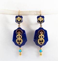 White Diamond Ruby Amethyst Turquoise Lapis Yellow Gold Lever-Back Earrings