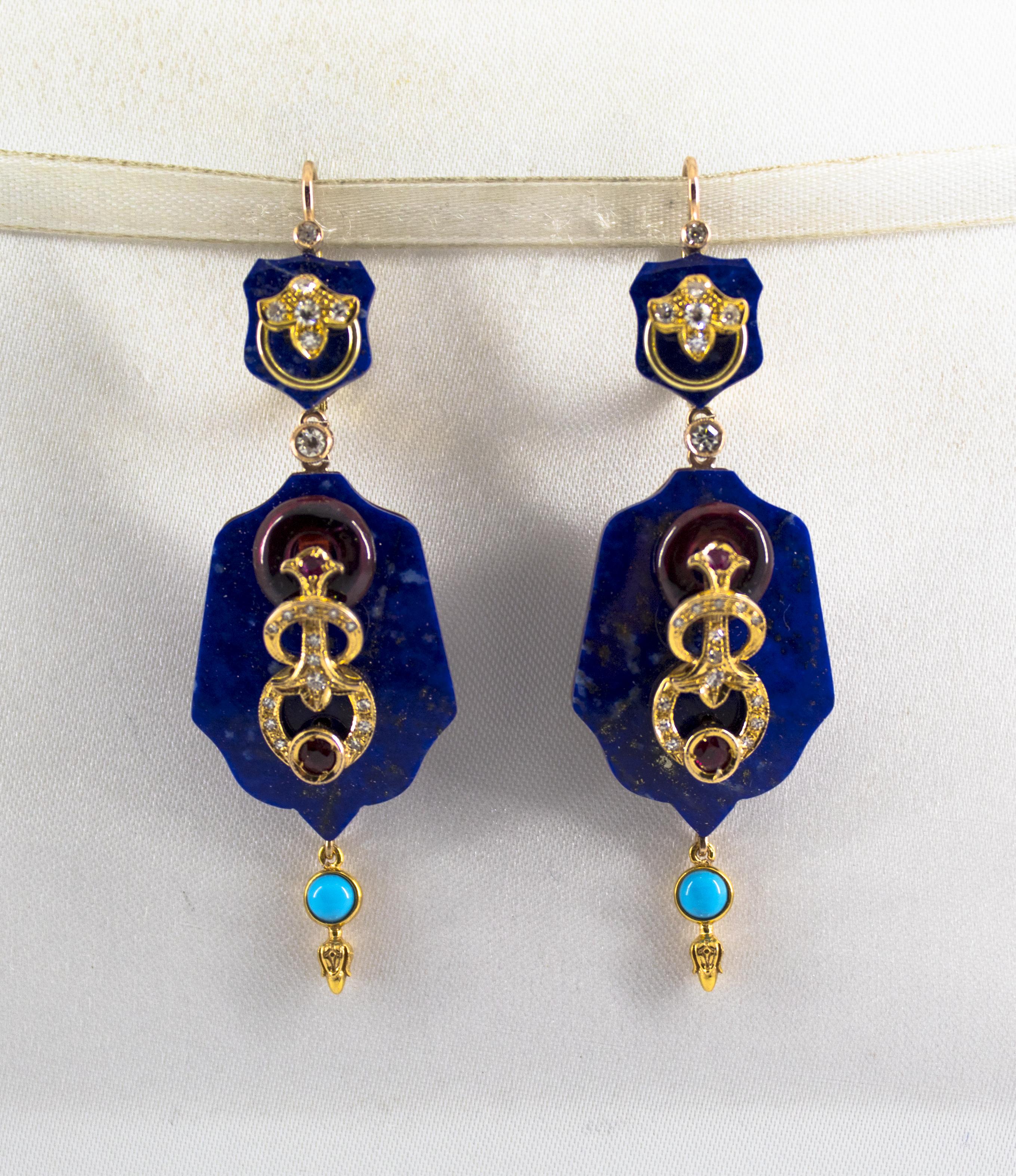 Renaissance White Diamond Ruby Amethyst Turquoise Lapis Yellow Gold Lever-Back Earrings