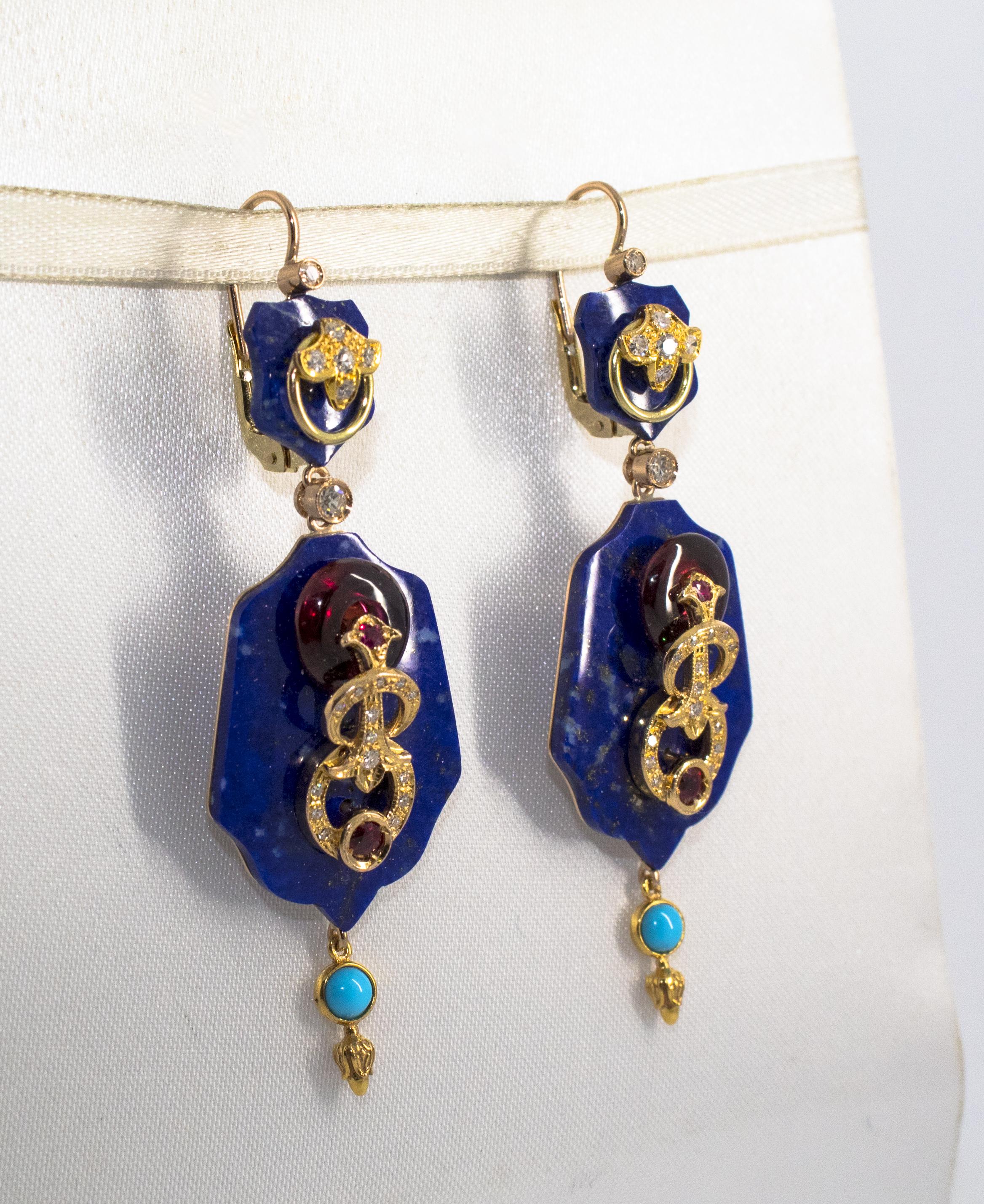 White Diamond Ruby Amethyst Turquoise Lapis Yellow Gold Lever-Back Earrings In New Condition In Naples, IT