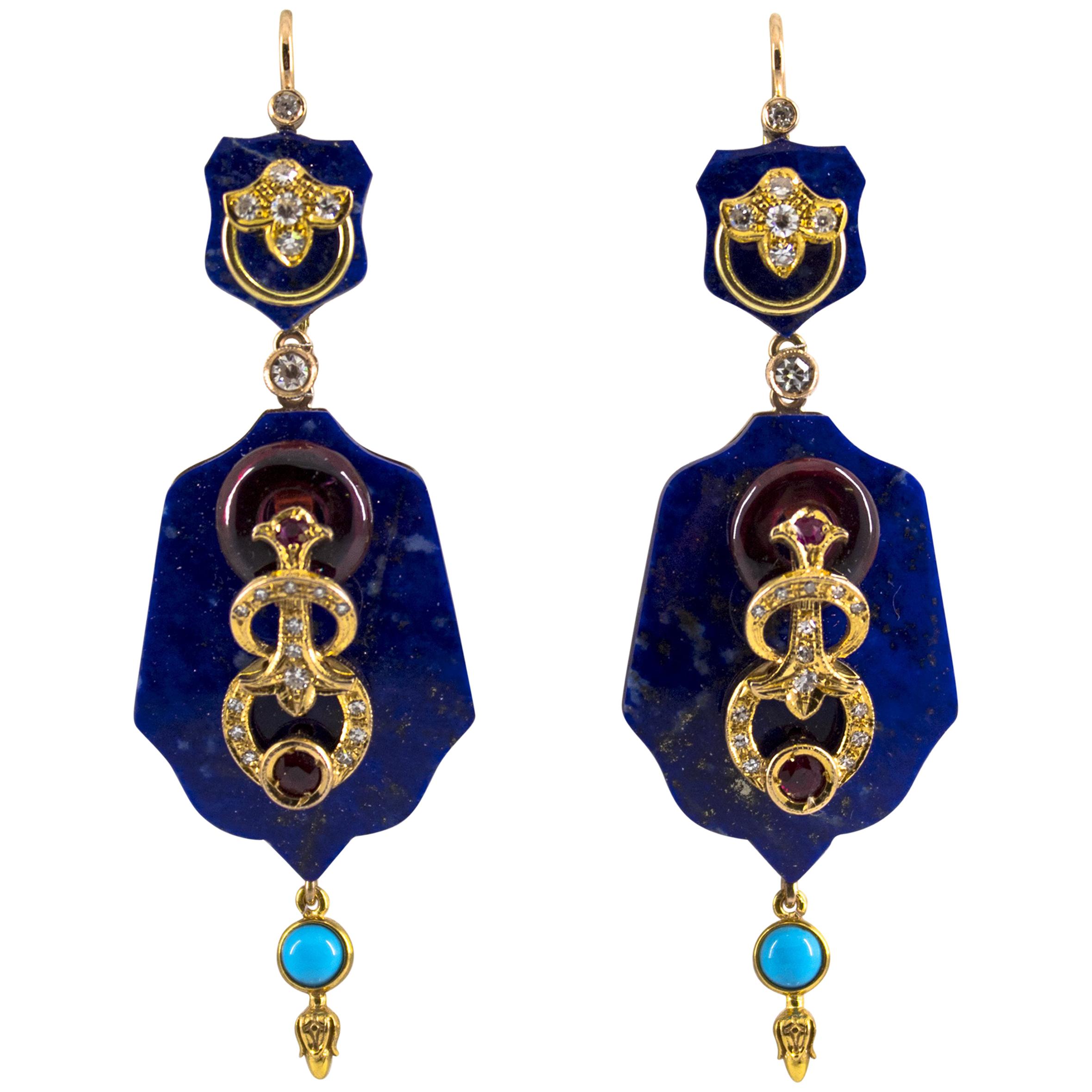 White Diamond Ruby Amethyst Turquoise Lapis Yellow Gold Lever-Back Earrings