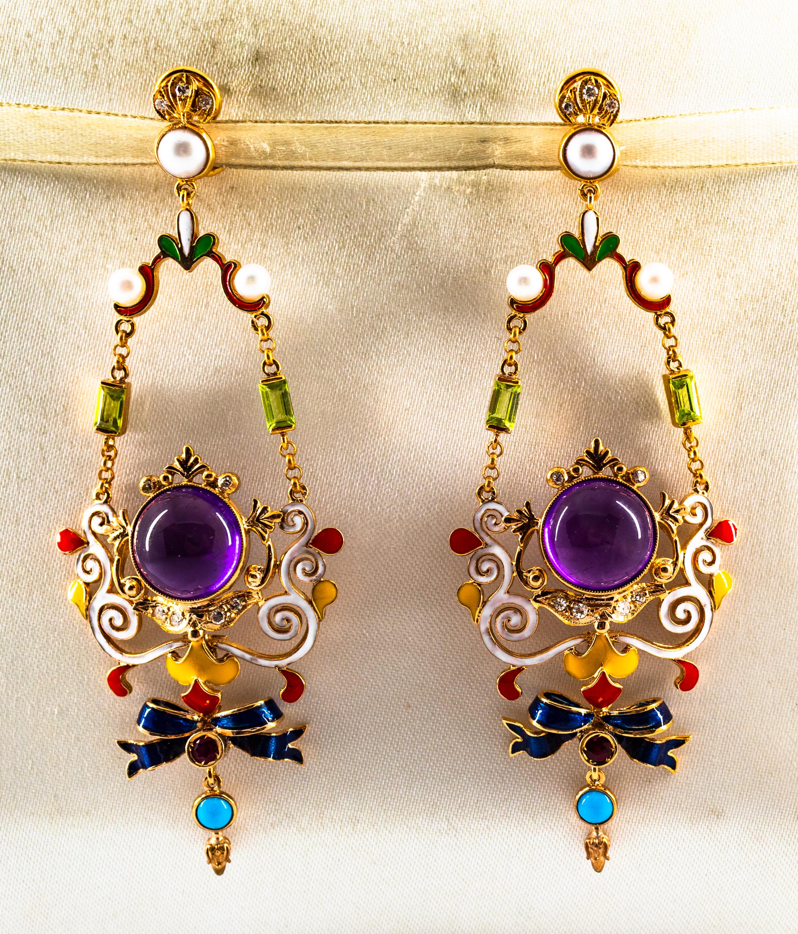 These Earrings are made of 9K Yellow Gold.
These Earrings have  0.30 Carats of White Modern Round Cut Diamonds.
These Earrings have 0.20 Carats of Rubies.
These Earrings have 0.40 Carats of Peridots.
These Earrings have Amethyst and Turquoise.
These