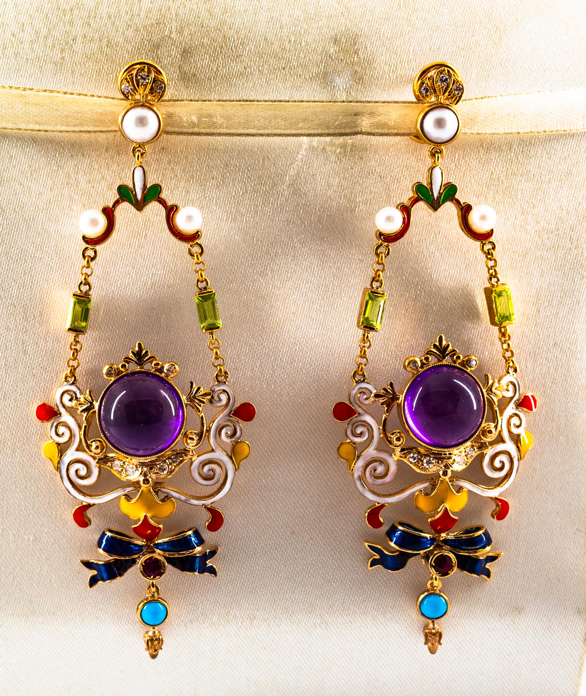 Art Nouveau White Diamond Ruby Amethyst Turquoise Peridot Pearl Yellow Gold Clip-On Earrings