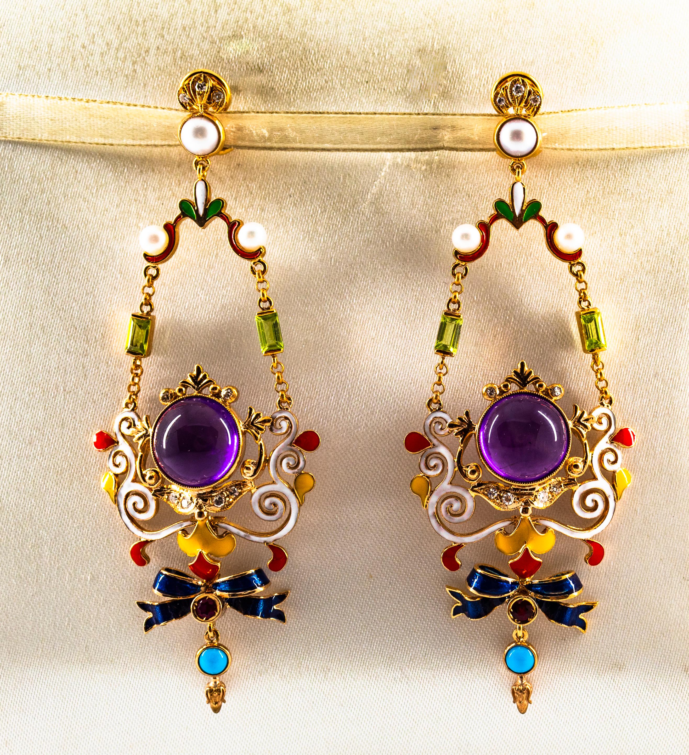Art Nouveau White Diamond Ruby Amethyst Turquoise Peridot Pearl Yellow Gold Clip-On Earrings