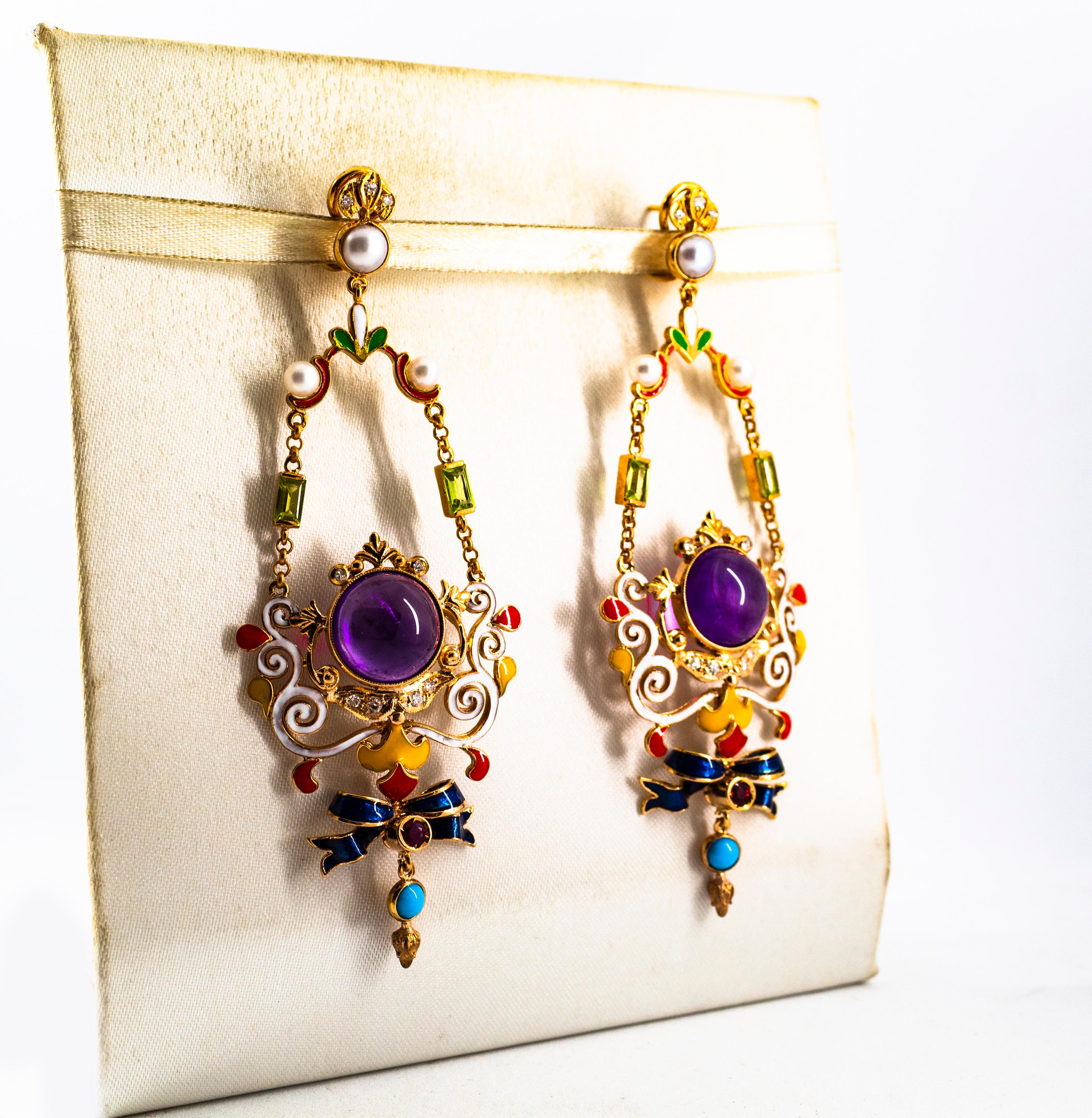 White Diamond Ruby Amethyst Turquoise Peridot Pearl Yellow Gold Clip-On Earrings In New Condition In Naples, IT