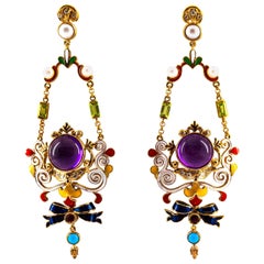 Boucles d'oreilles clips en or jaune diamant blanc rubis améthyste turquoise péridot perle