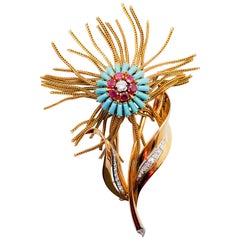 White Diamond, Ruby, and Turquoise Flower Brooch in 18 Karat Yellow Gold