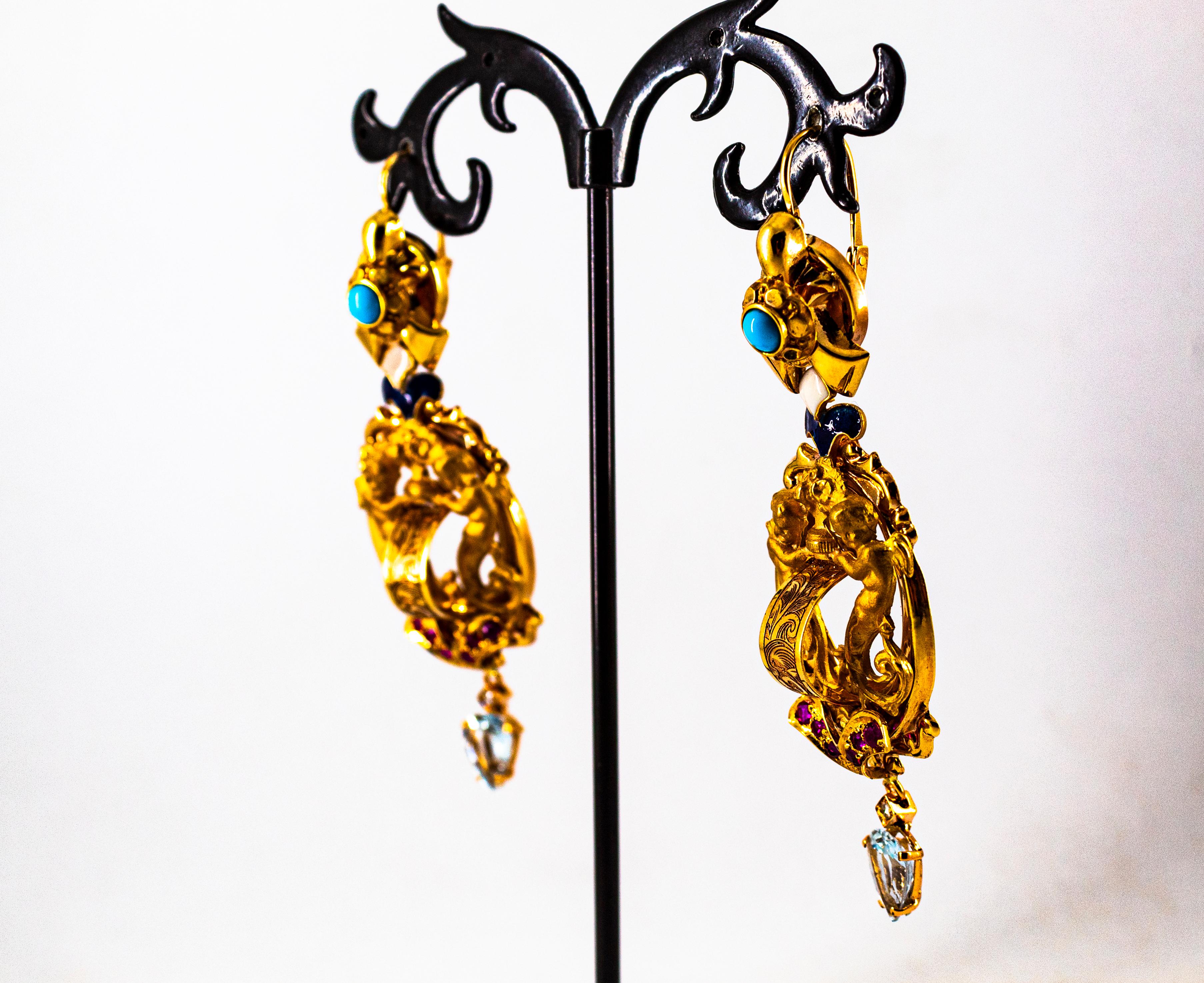 White Diamond Ruby Aquamarine Turquoise Enamel Yellow Gold Lever-Back Earrings For Sale 5