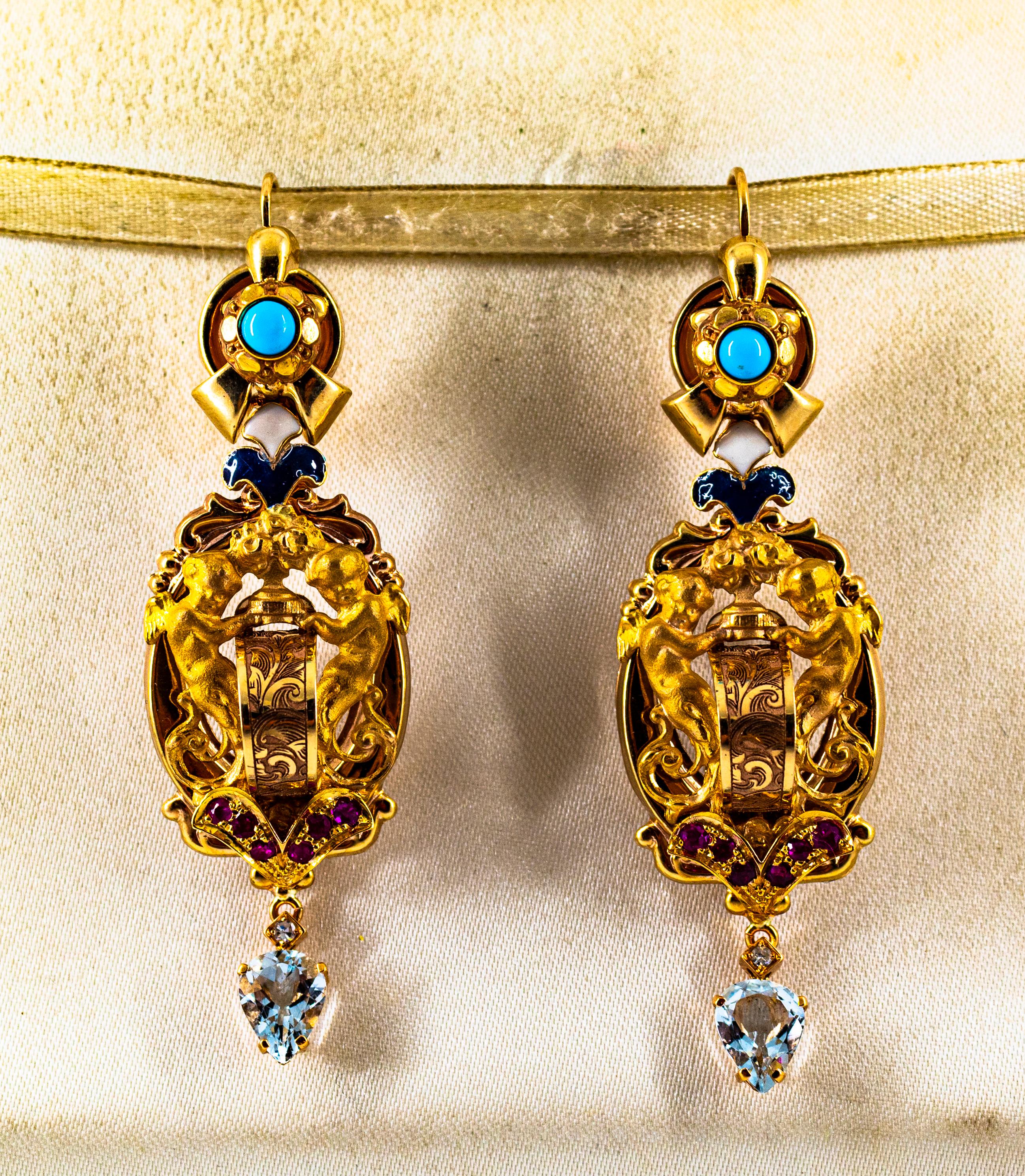 Art Deco White Diamond Ruby Aquamarine Turquoise Enamel Yellow Gold Lever-Back Earrings For Sale