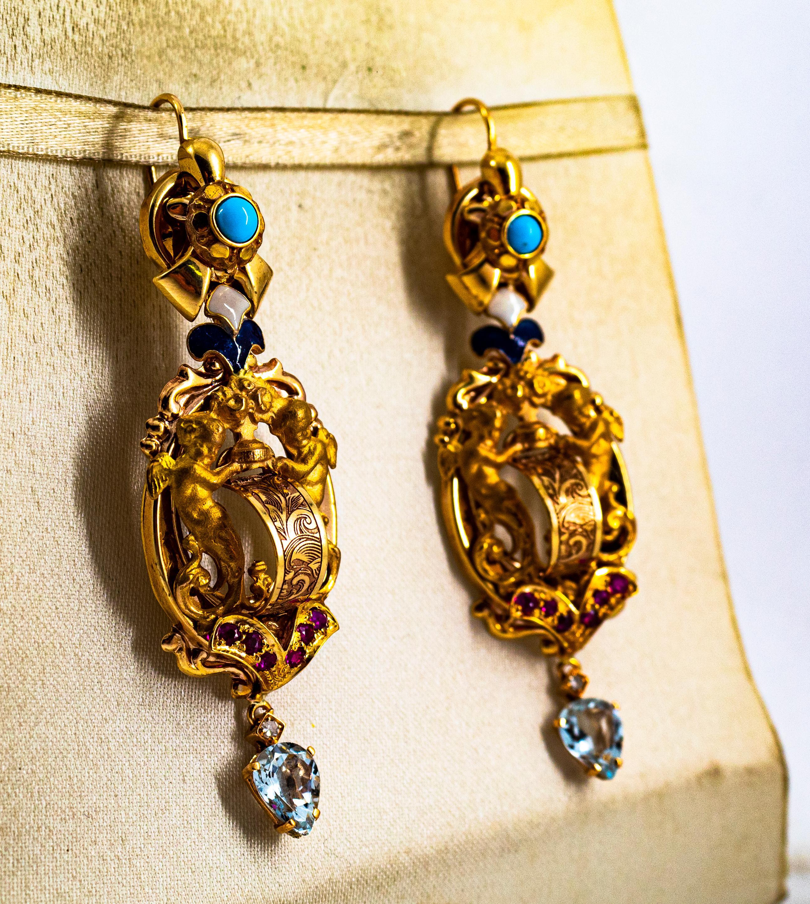 Brilliant Cut White Diamond Ruby Aquamarine Turquoise Enamel Yellow Gold Lever-Back Earrings For Sale