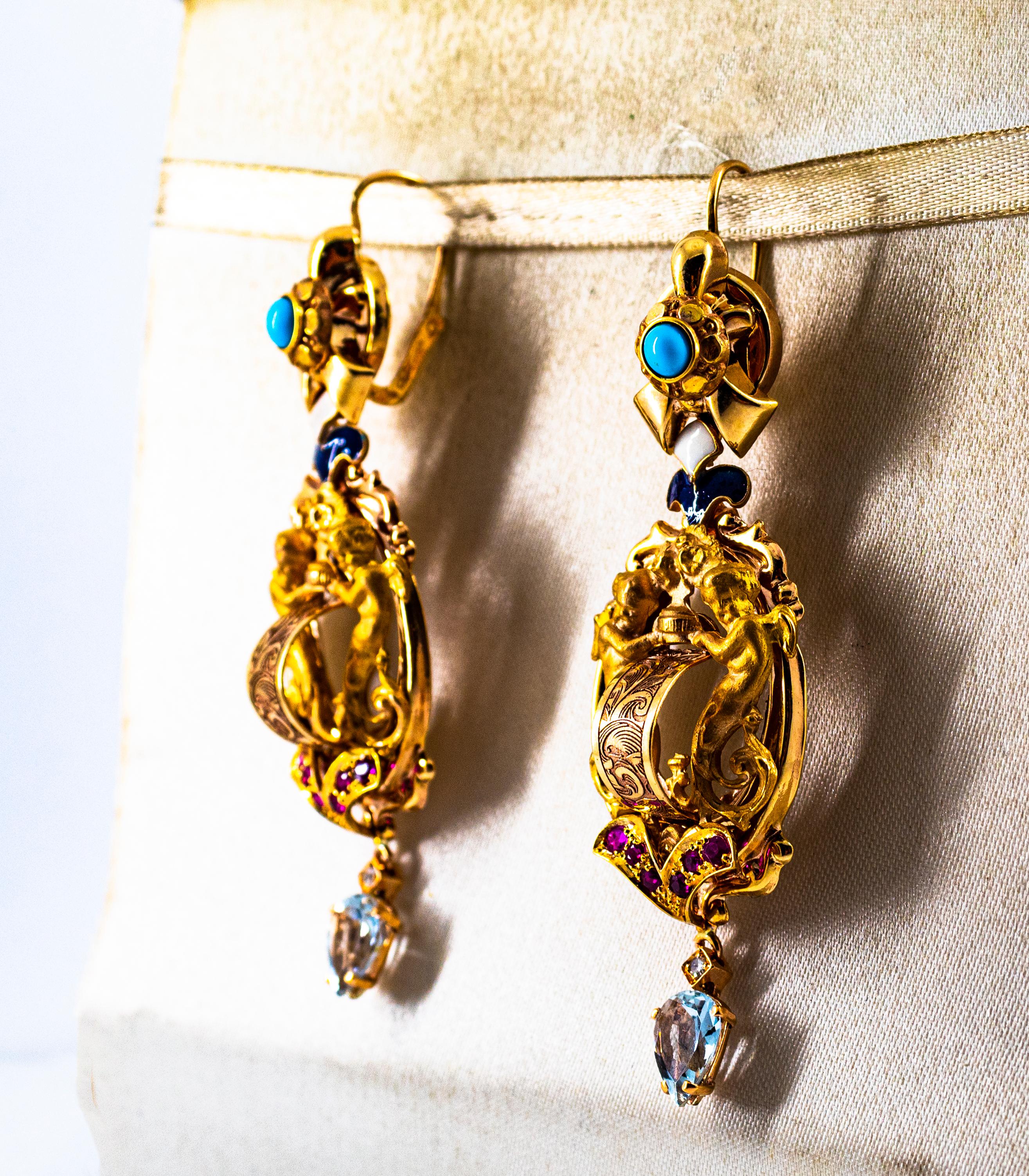 White Diamond Ruby Aquamarine Turquoise Enamel Yellow Gold Lever-Back Earrings In New Condition For Sale In Naples, IT