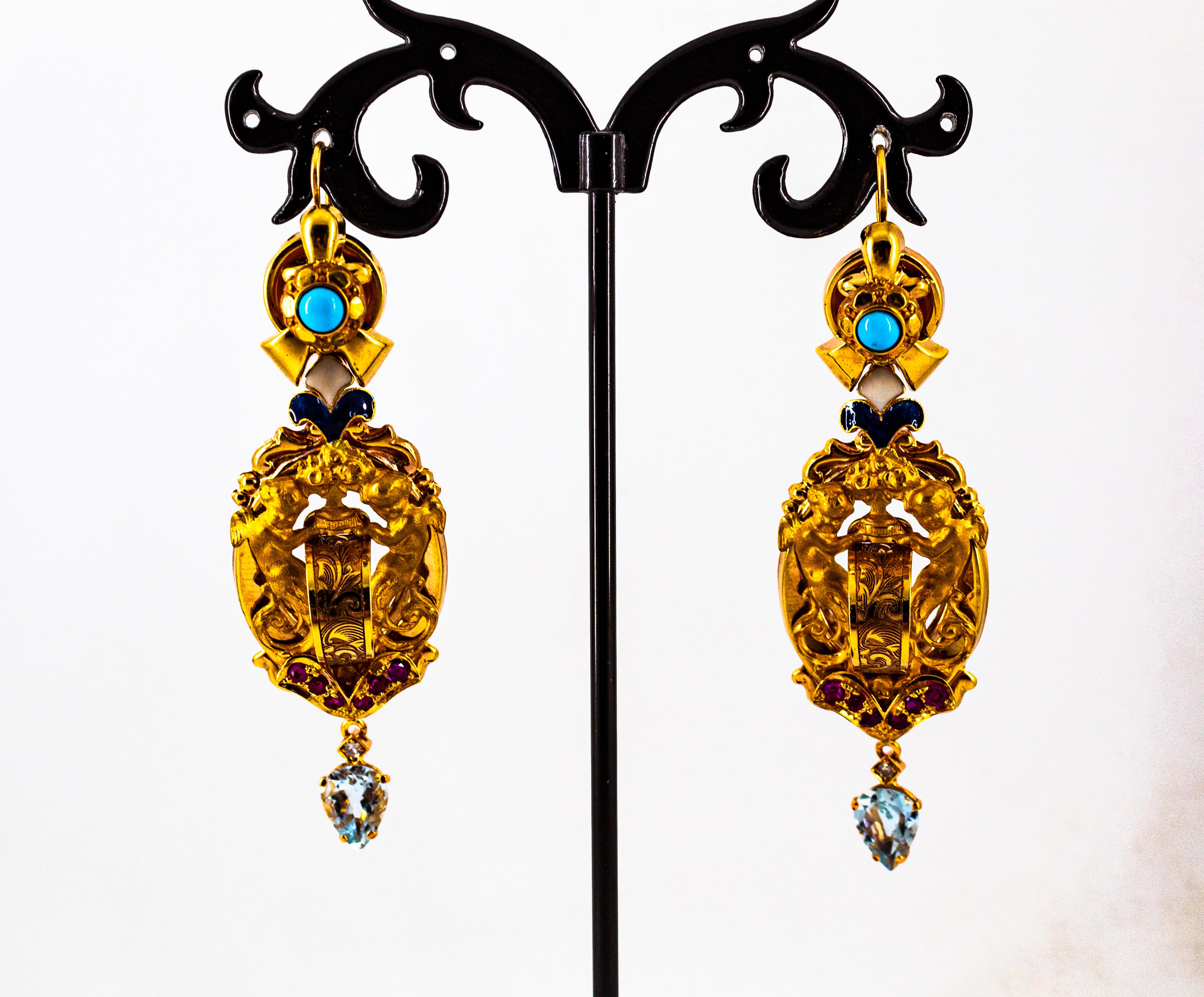 Women's or Men's White Diamond Ruby Aquamarine Turquoise Enamel Yellow Gold Lever-Back Earrings For Sale