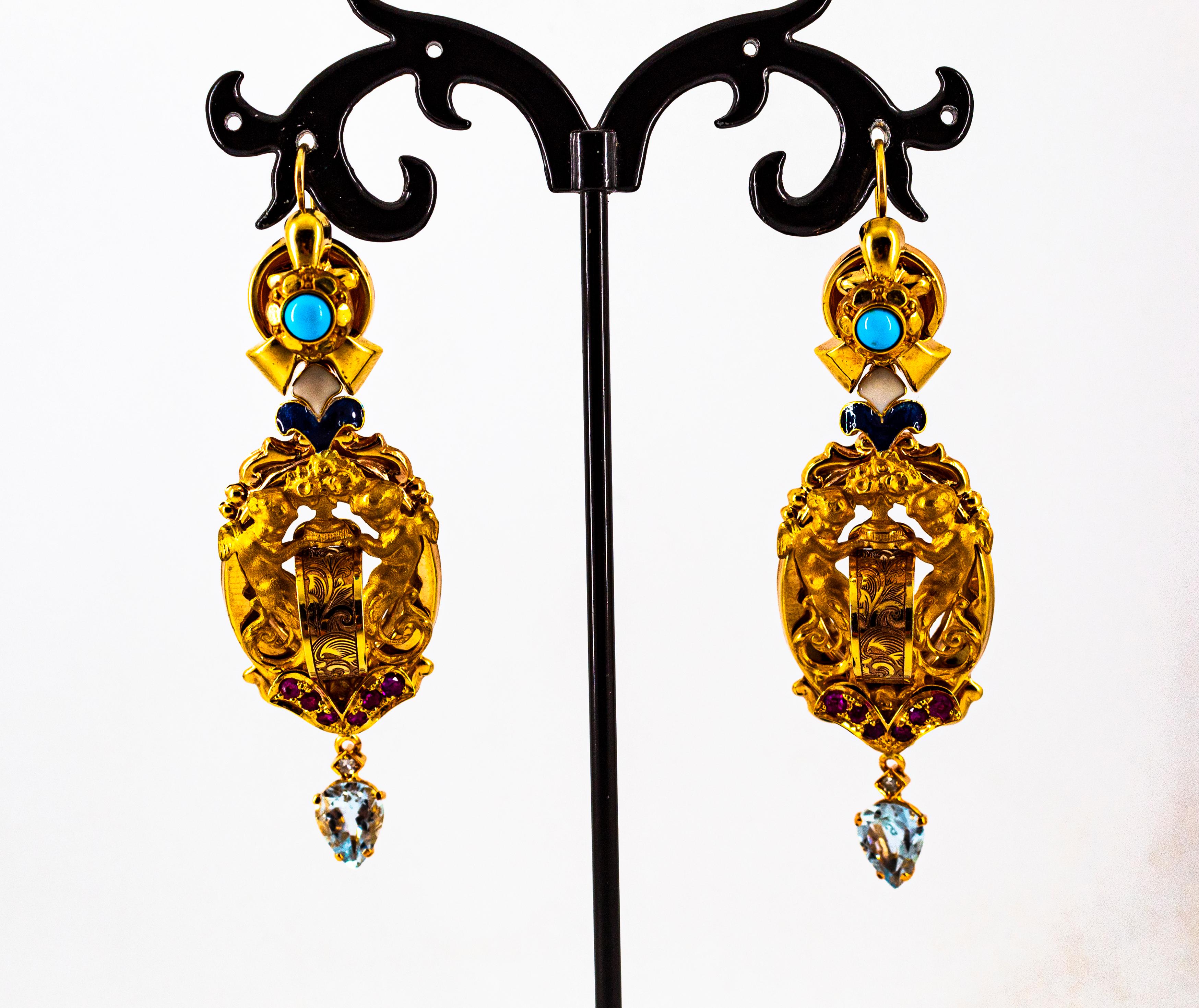 White Diamond Ruby Aquamarine Turquoise Enamel Yellow Gold Lever-Back Earrings For Sale 1