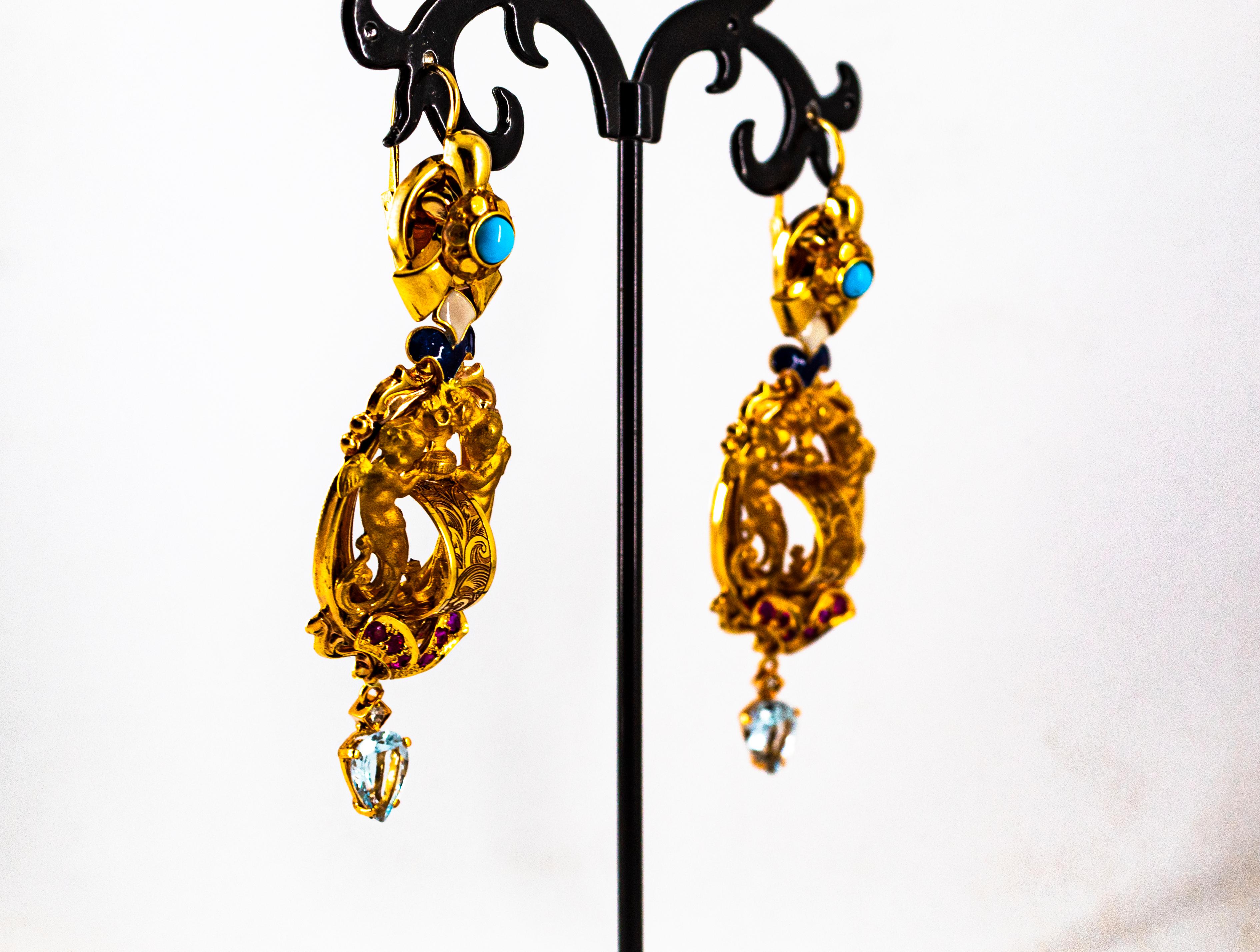 White Diamond Ruby Aquamarine Turquoise Enamel Yellow Gold Lever-Back Earrings For Sale 2