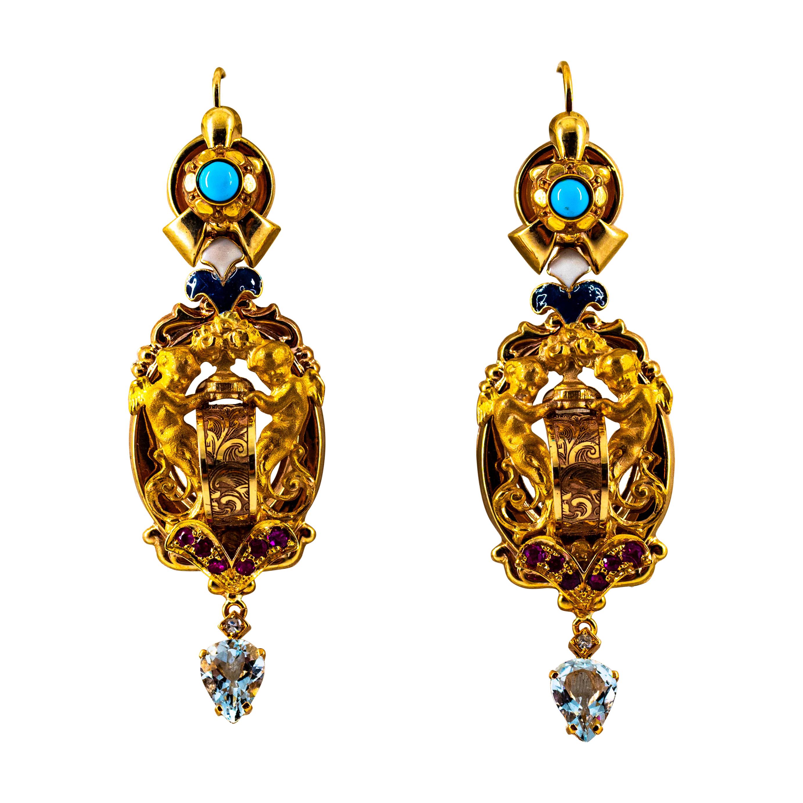 White Diamond Ruby Aquamarine Turquoise Enamel Yellow Gold Lever-Back Earrings For Sale