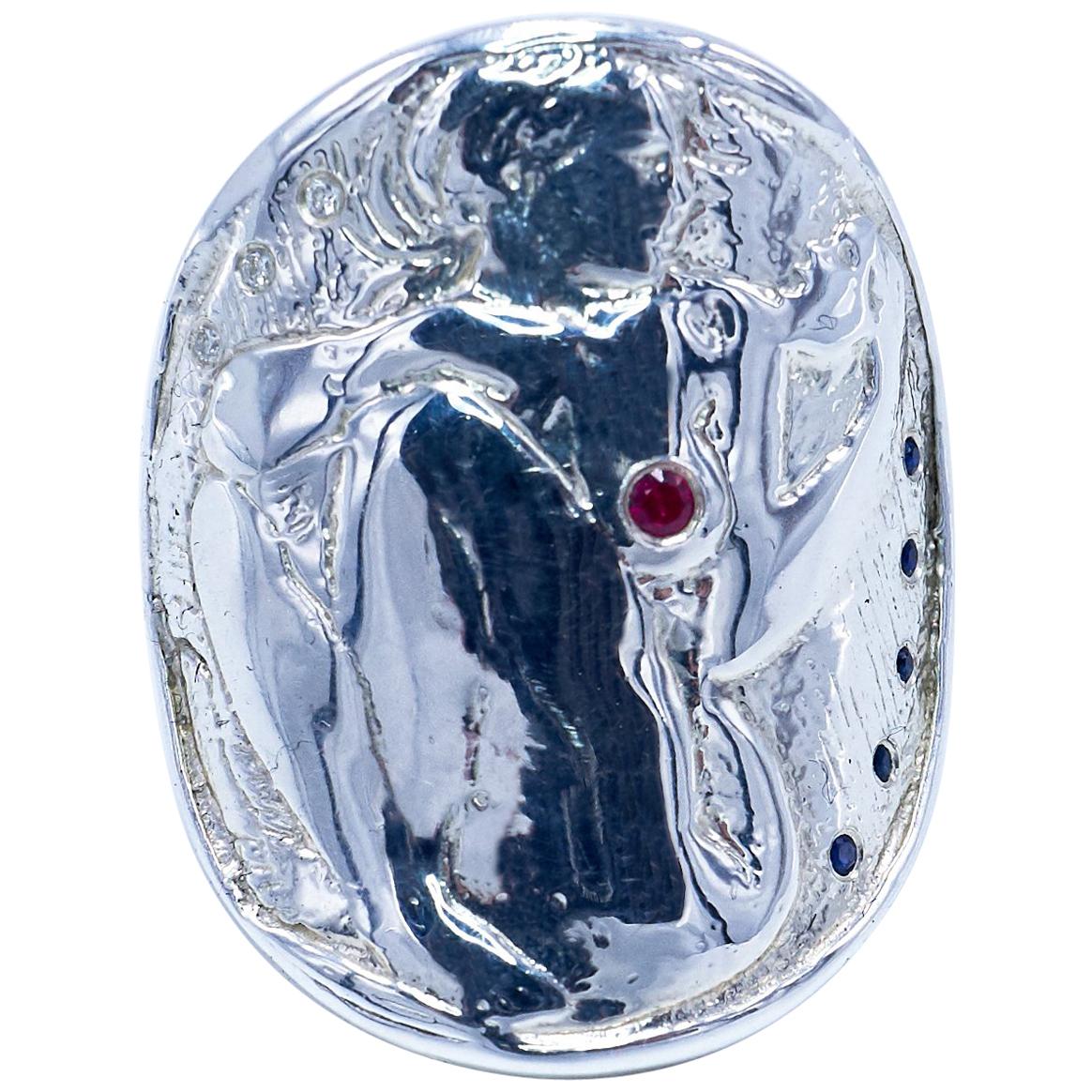 Contemporary White Diamond Ruby Blue Sapphire Coctail Coin Ring Silver For Sale
