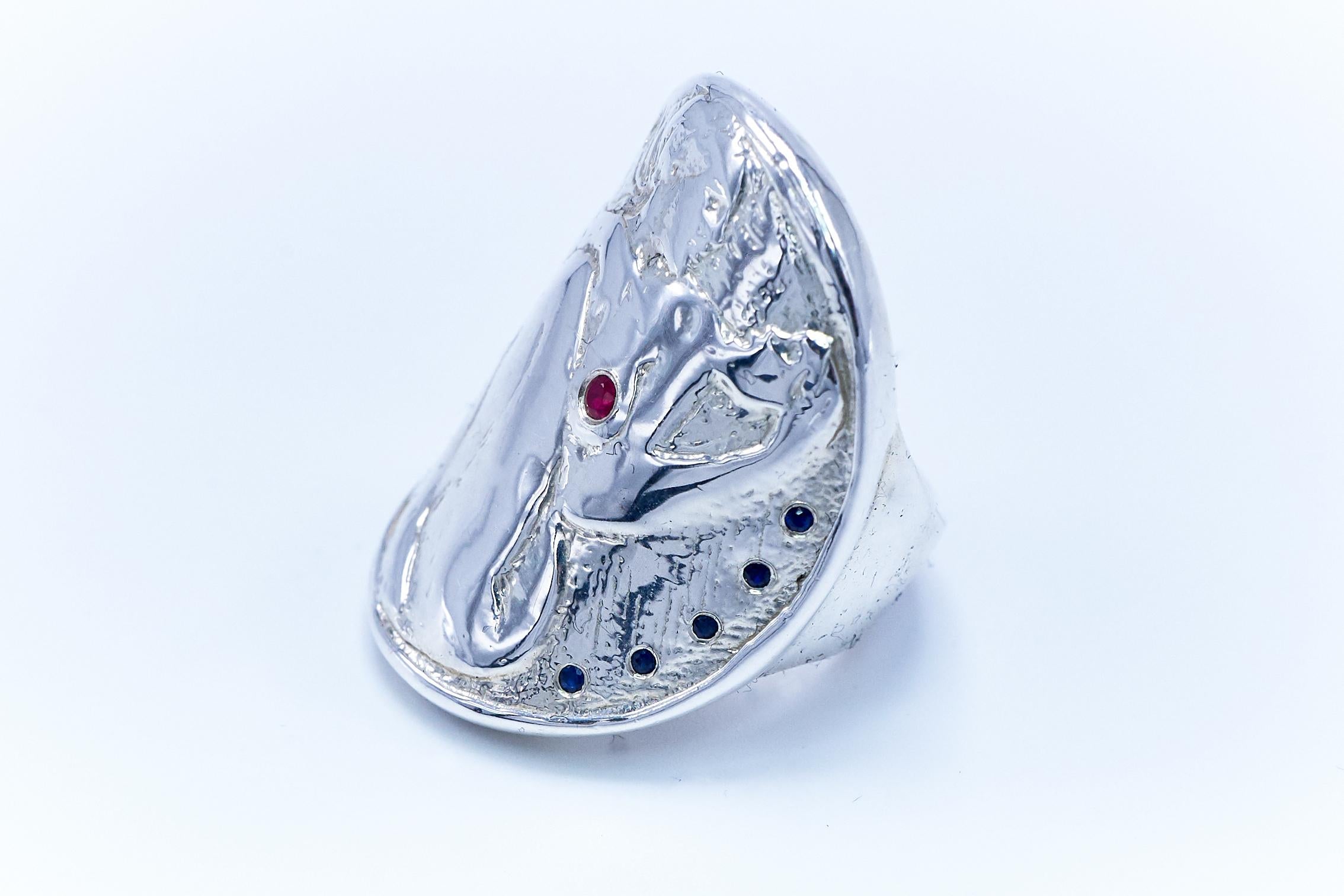 White Diamond Ruby Blue Sapphire Coctail Coin Ring Silver In New Condition For Sale In Los Angeles, CA