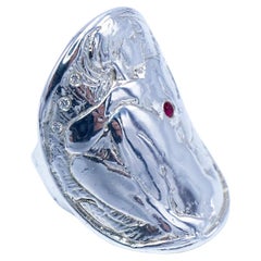 White Diamond Ruby Blue Sapphire Coctail Coin Ring Silver
