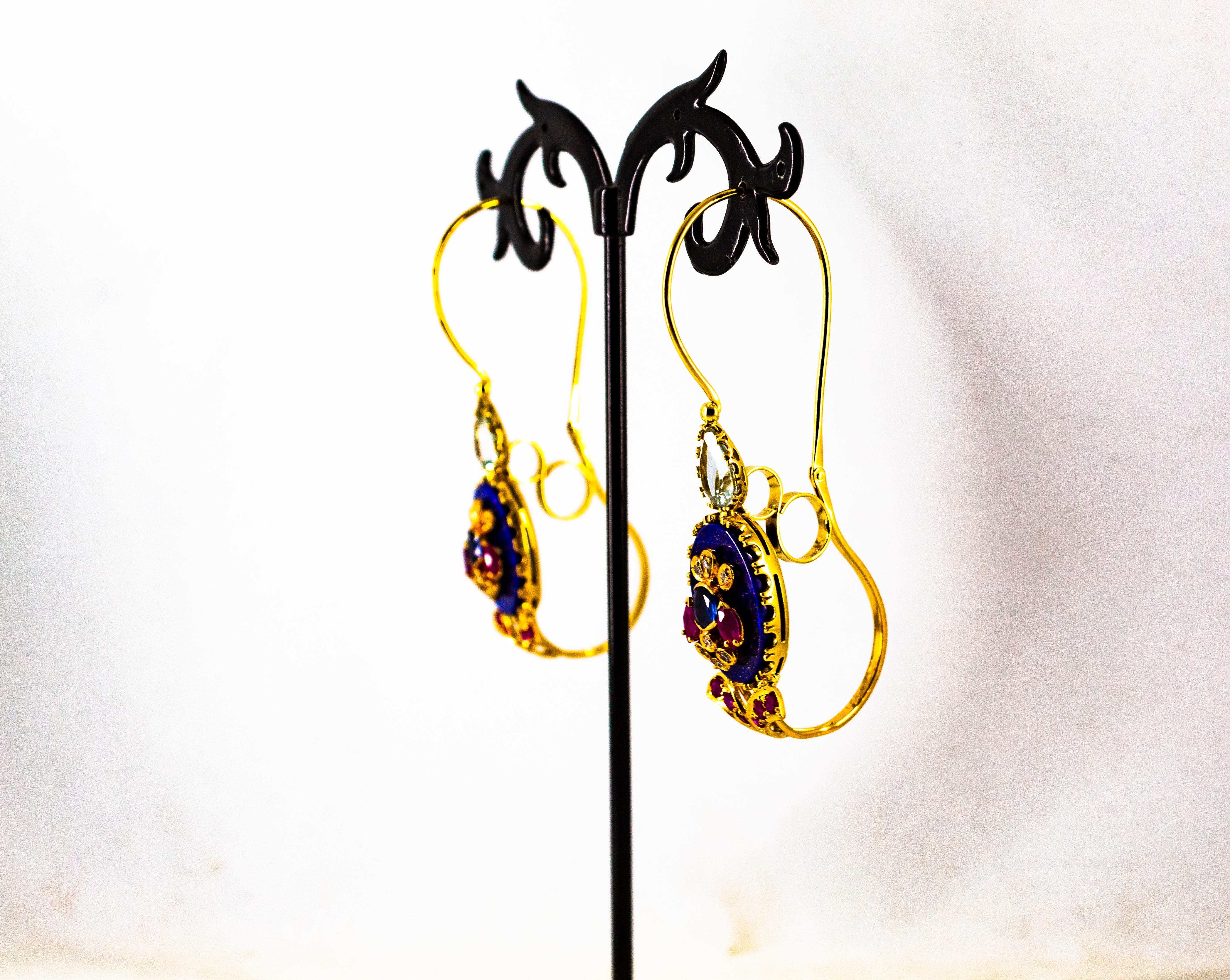 Orecchini in oro giallo con diamante bianco, rubino e zaffiro blu, lapislazzuli e acquamarina in vendita 5