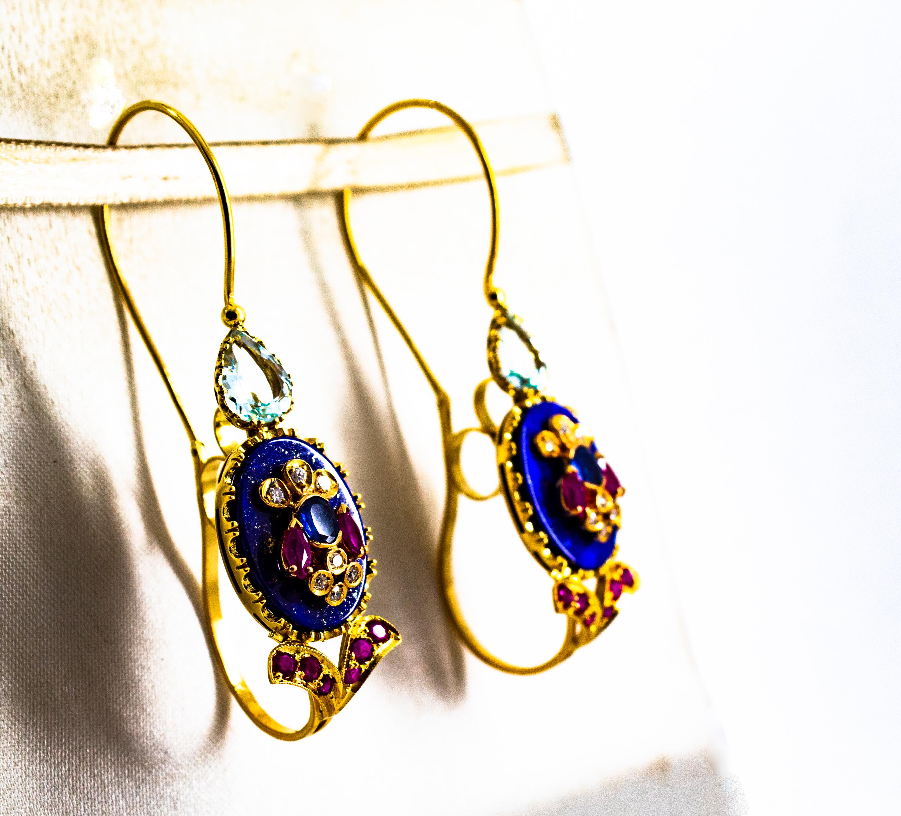 Art Nouveau White Diamond Ruby Blue Sapphire Lapis Lazuli Aquamarine Yellow Gold Earrings For Sale