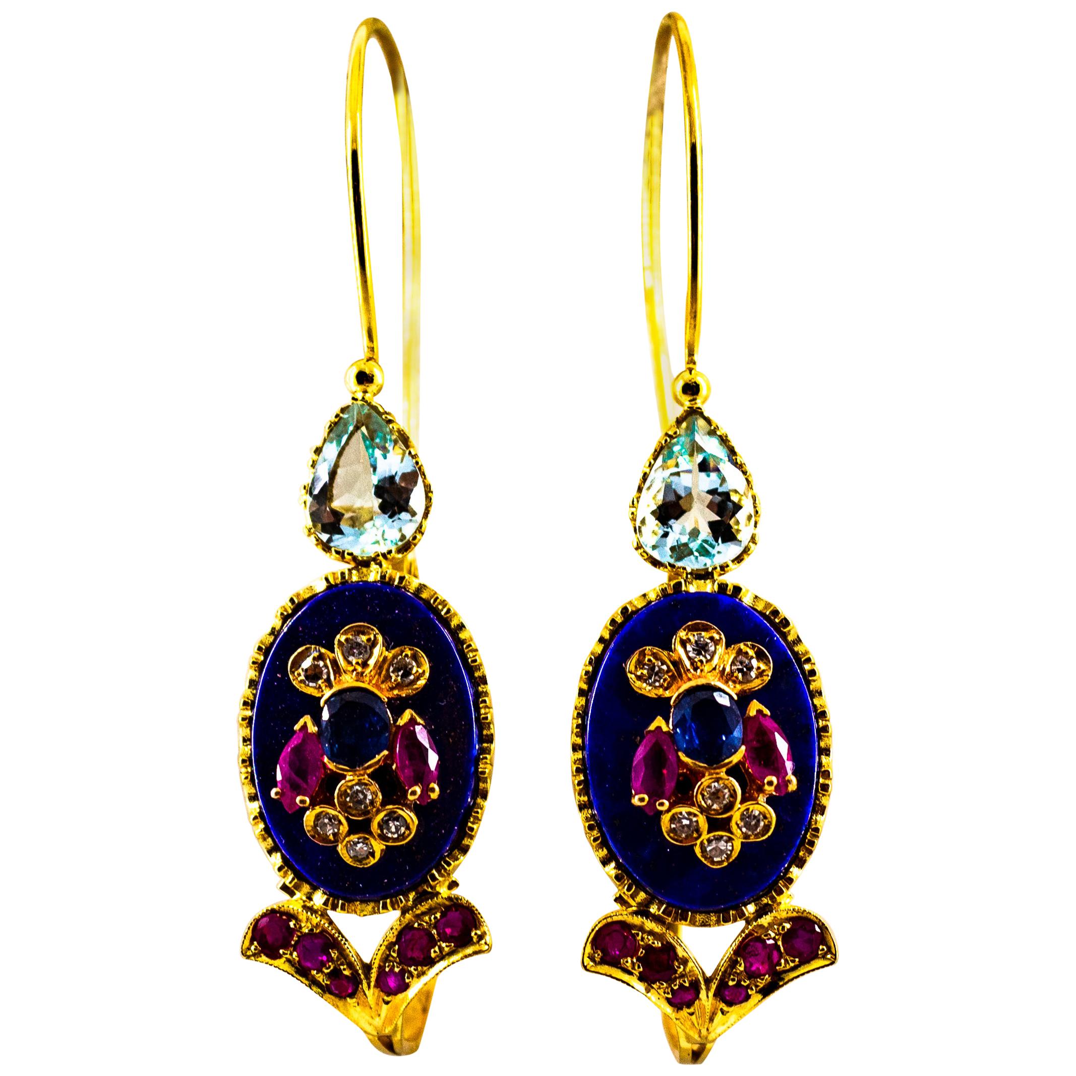 Gelbgold-Ohrringe mit weißem Diamant, Rubin, blauem Saphir, Lapislazuli und Aquamarin