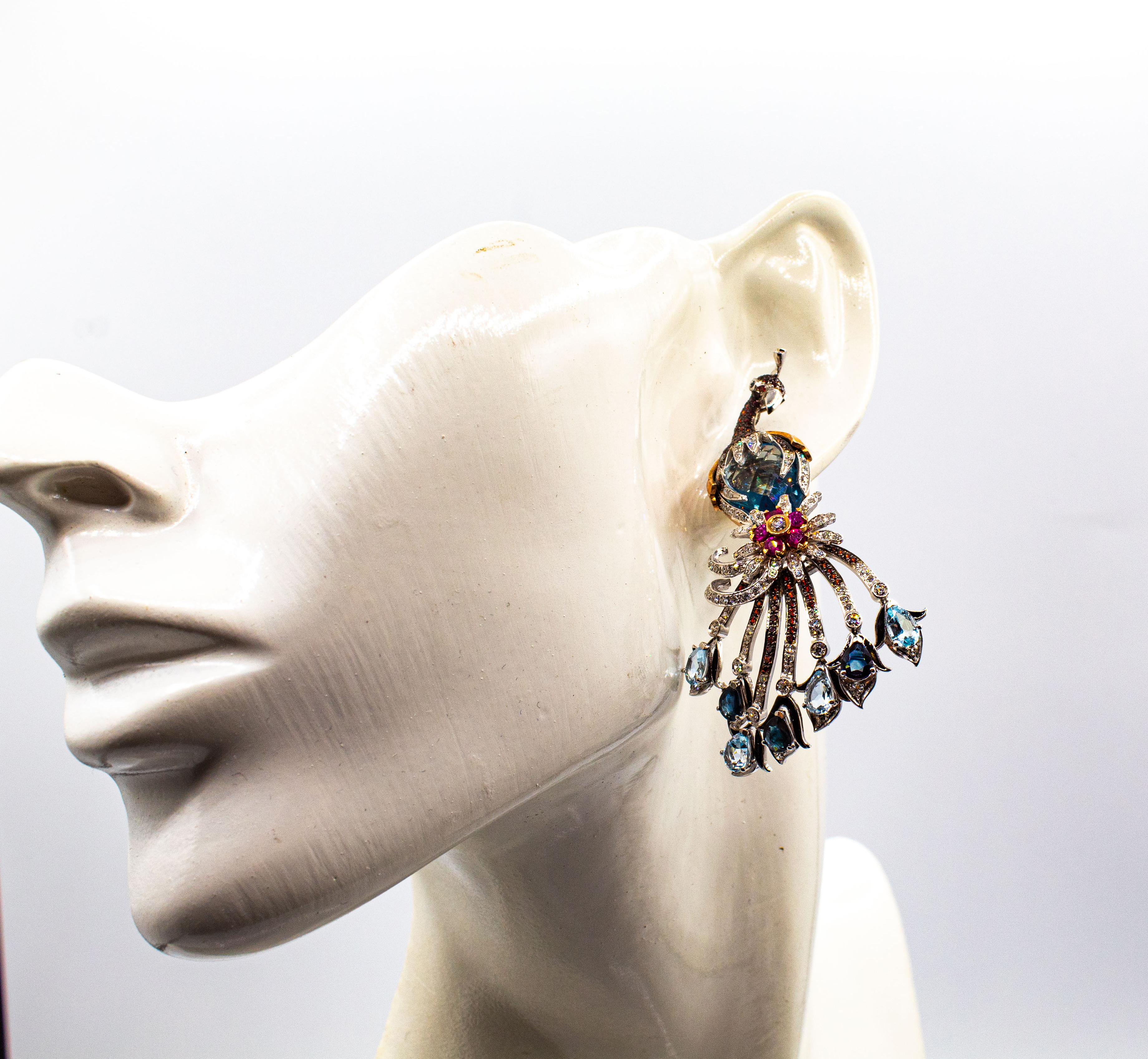 Weißer Diamant Rubin Blauer Saphir Topas Aquamarin Weißgold „Peacock“ Ohrringe im Angebot 11