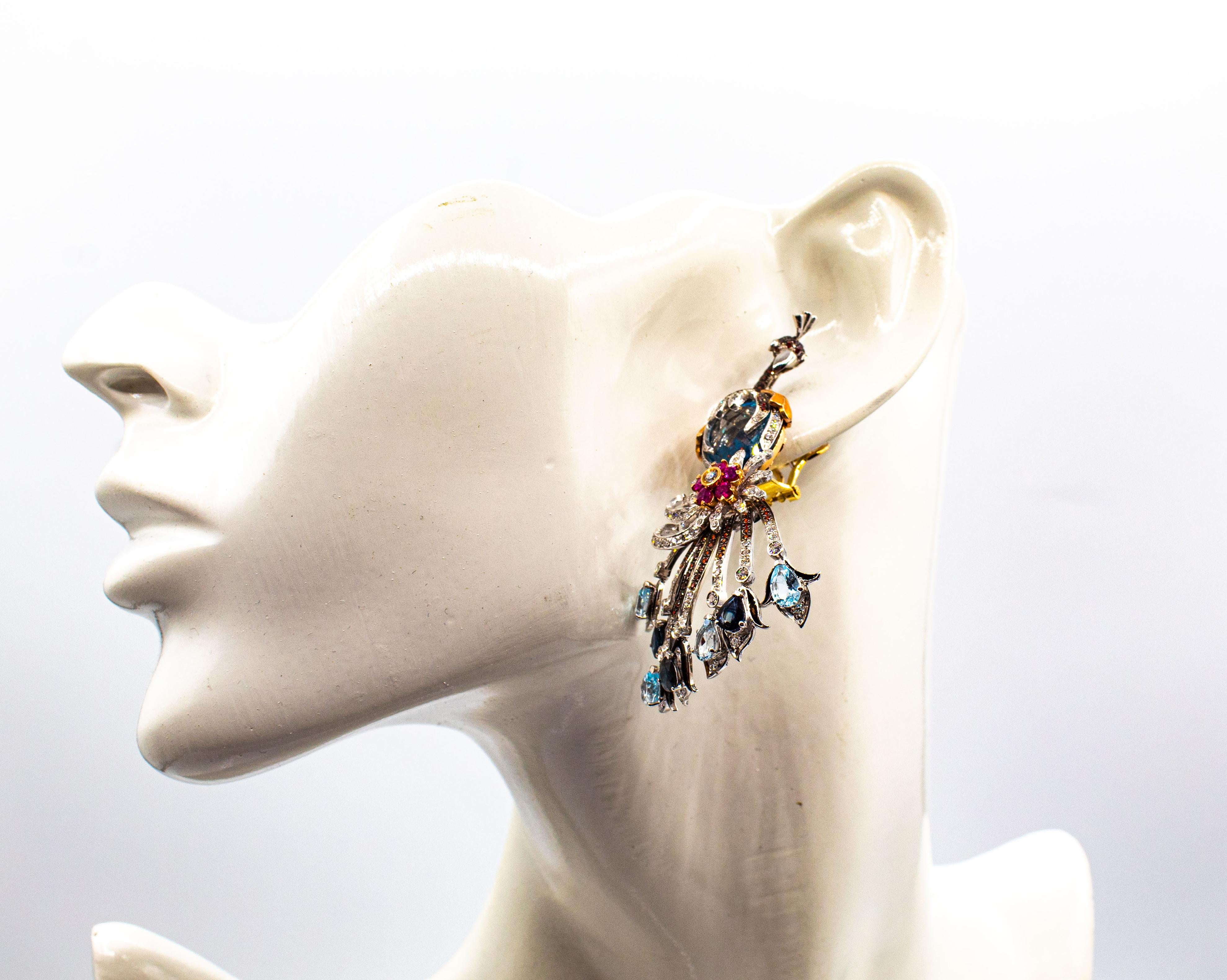 Weißer Diamant Rubin Blauer Saphir Topas Aquamarin Weißgold „Peacock“ Ohrringe im Angebot 12