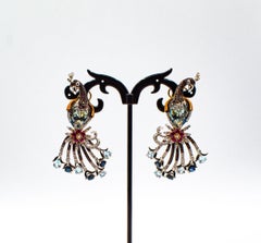 White Diamond Ruby Blue Sapphire Topaz Aquamarine White Gold "Peacock" Earrings