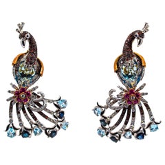 White Diamond Ruby Blue Sapphire Topaz Aquamarine White Gold "Peacock" Earrings